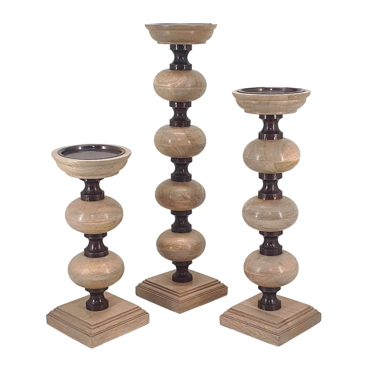 23, 18, 14 Inch Set Of 3 Candleholders In Pillar Accent Wood Orbs, Brown- Saltoro Sherpi