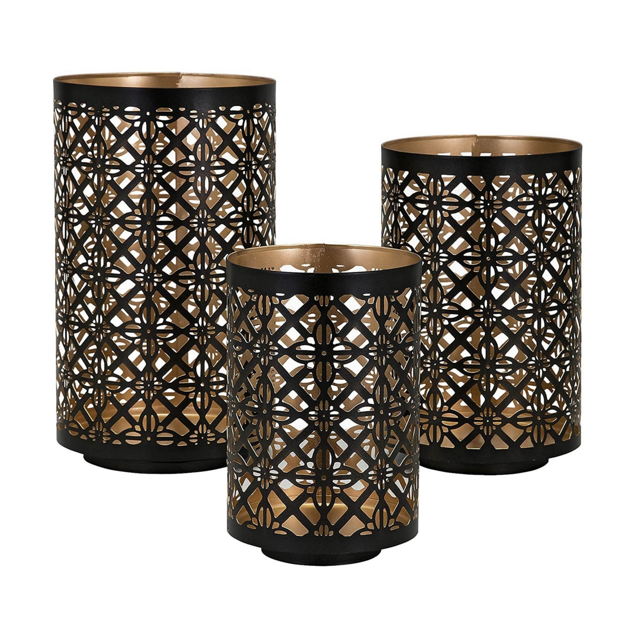 Set Of 3 Lantern Candle Holders, Moroccan Lattice, Gold, Black Metal Frames- Saltoro Sherpi