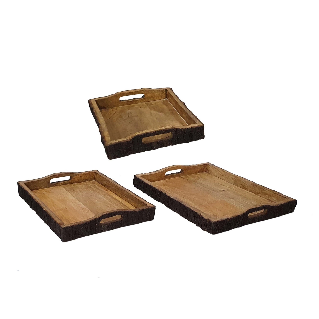 20, 18, 16 Inch Set Of 3 Wood Serving Trays, Tree Bark Accent, Natural Brown- Saltoro Sherpi