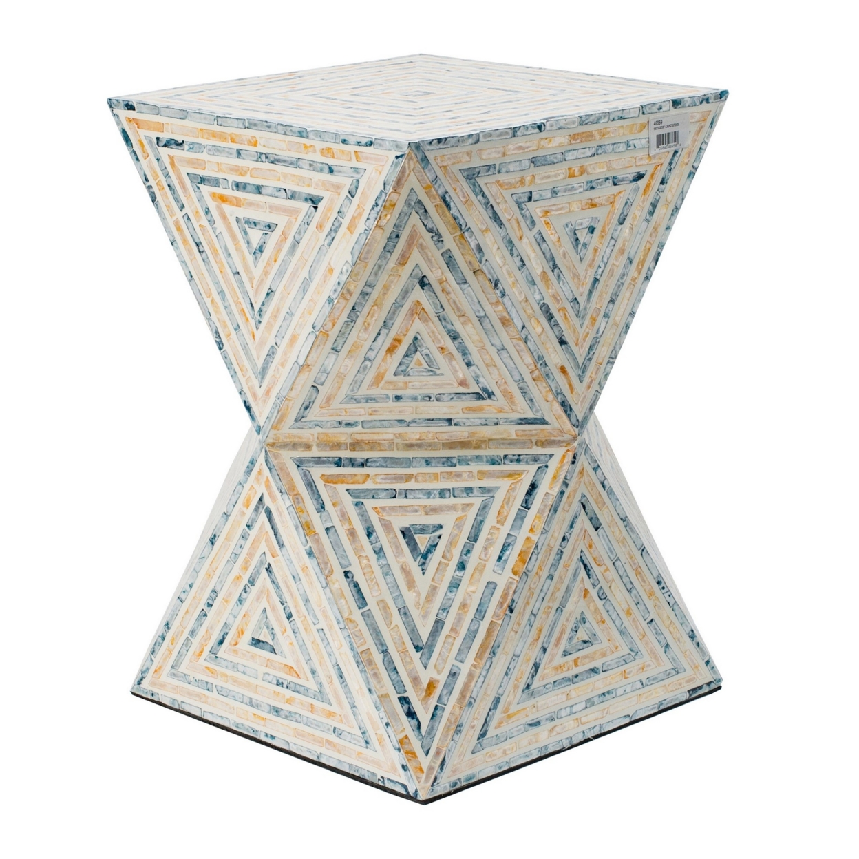 20 Inch Capiz Accent Stool Table, Hourglass Triangular, Off White Ivory- Saltoro Sherpi