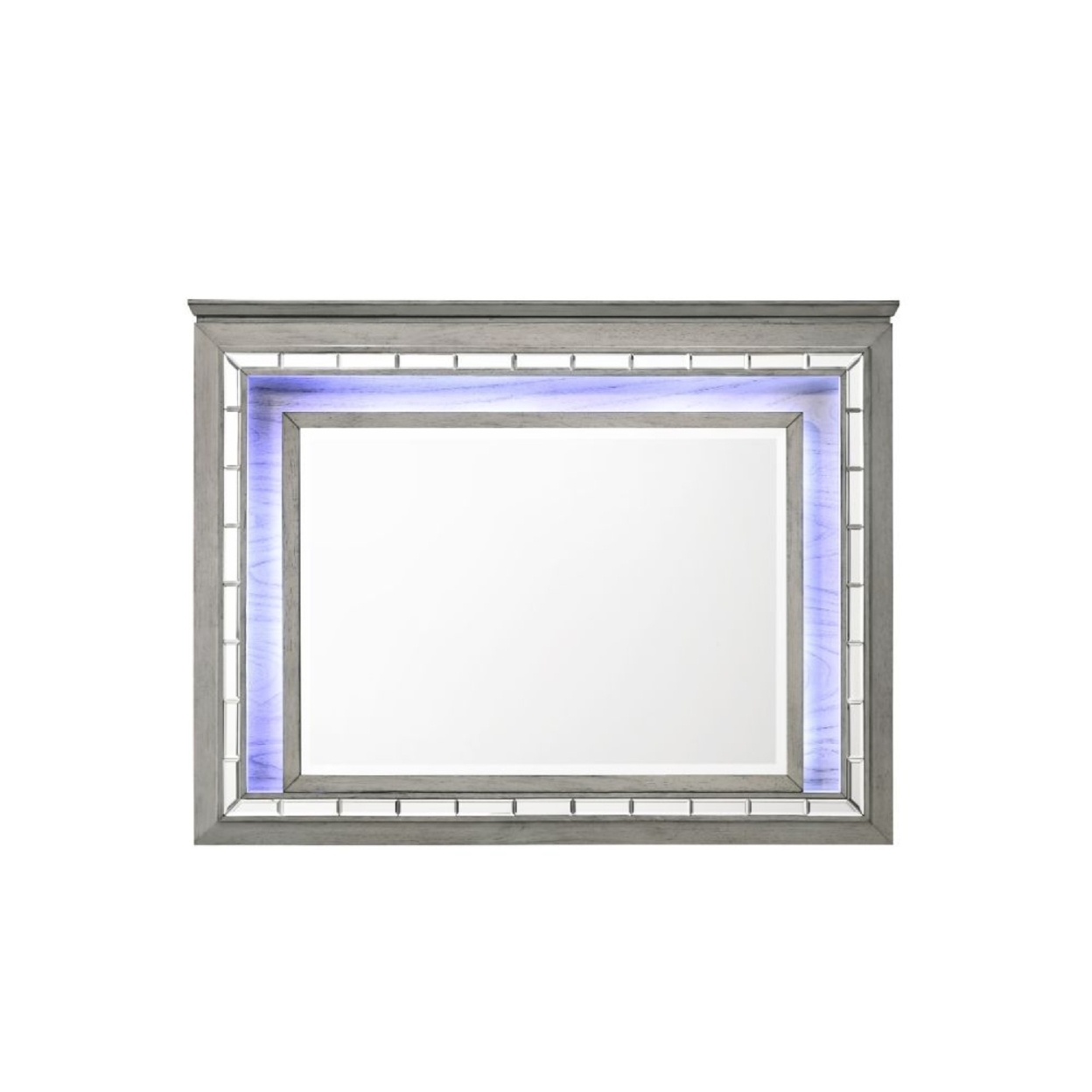48 Inch Wood Mirror, LED, Mirrored Trim, Landscape, Light Gray- Saltoro Sherpi