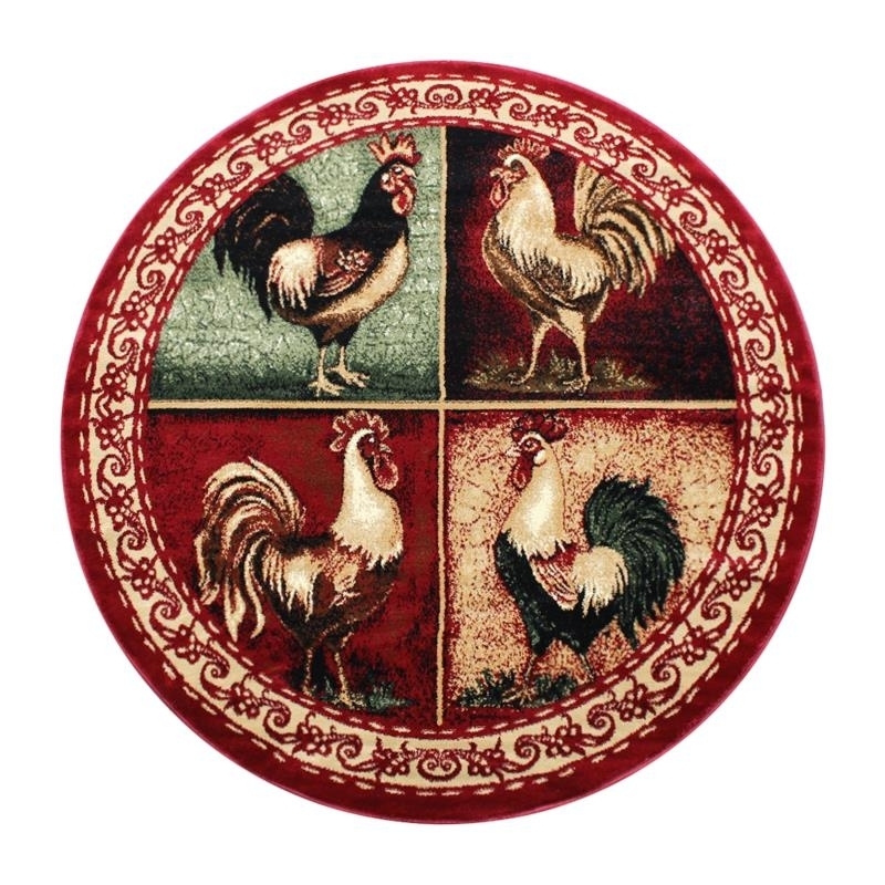 Gallus Collection 4' X 4' Round Red Rooster Themed Olefin Area Rug With Jute Backing For Kitchen, Living Room, Bedroom