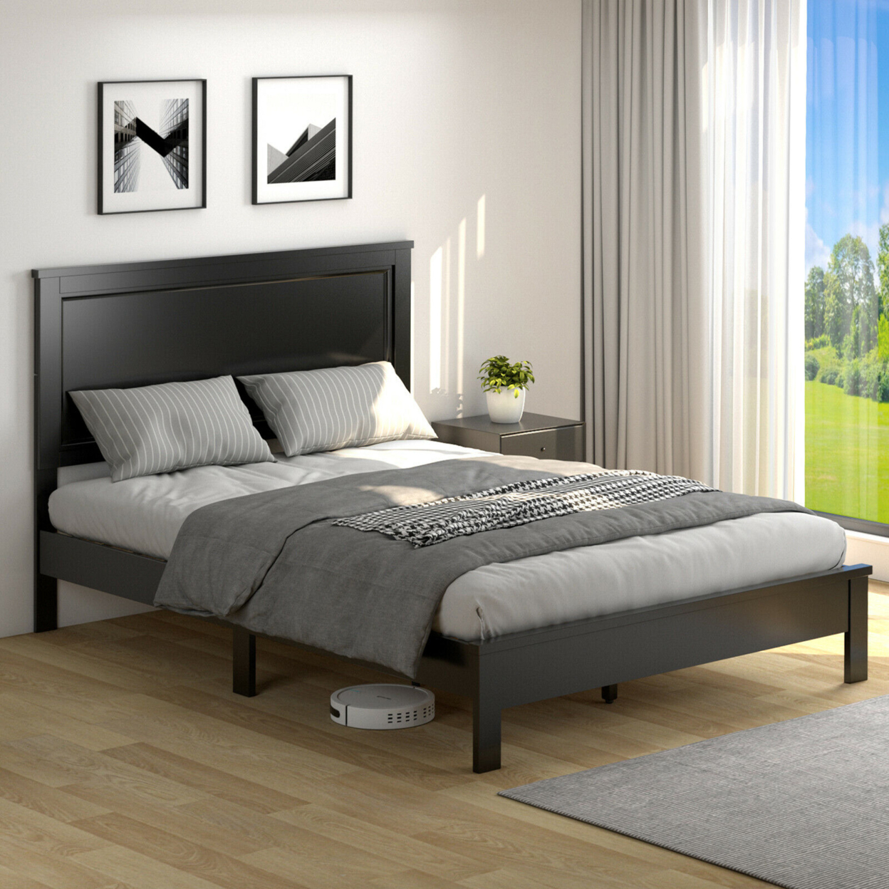 Twin/Full/Queen Size Bed Frame Platform Slat High Headboard Bedroom Rubber Wood Leg - Black, Queen