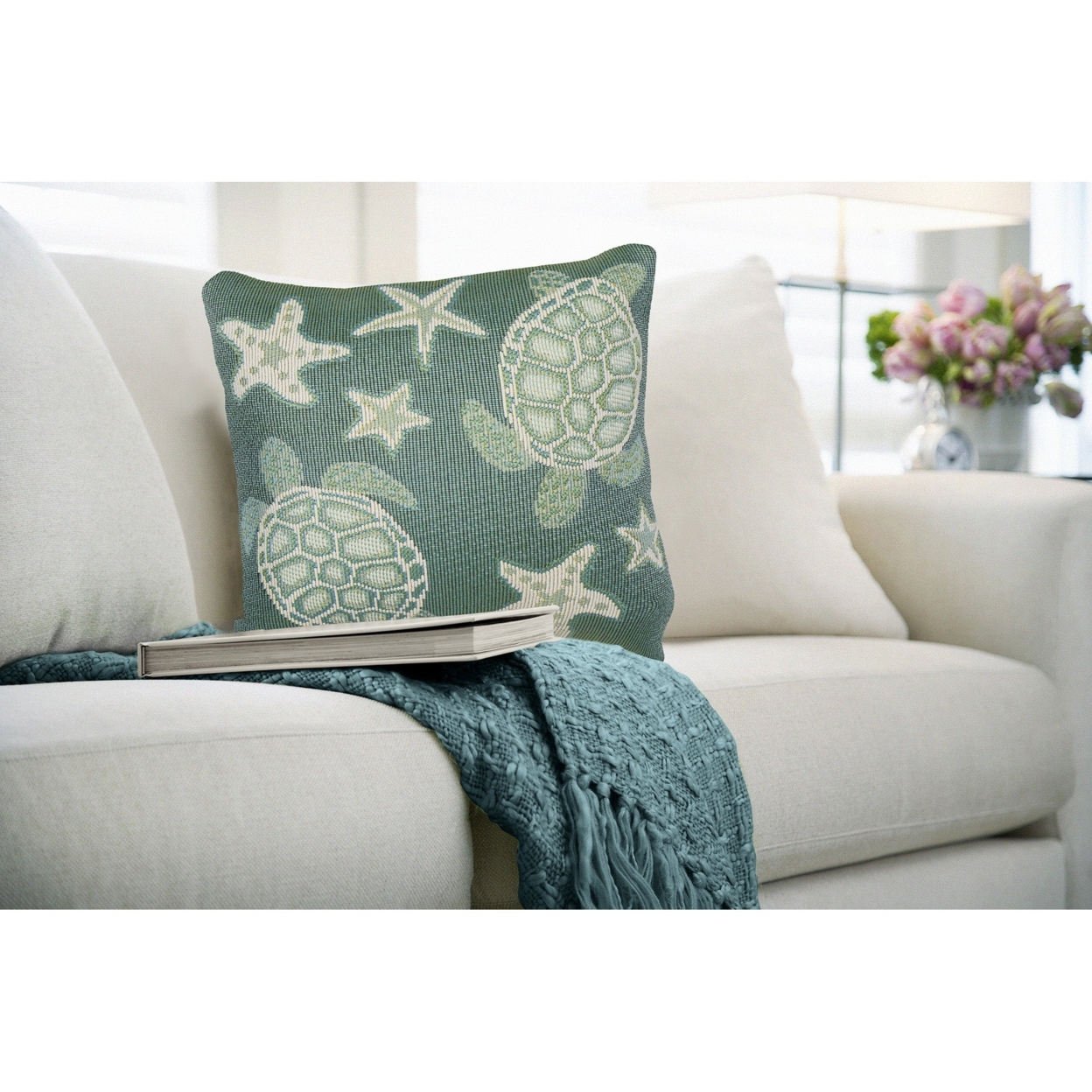 Liora Manne Marina Turtle And Stars Indoor Outdoor Decorative Pillow Aqua