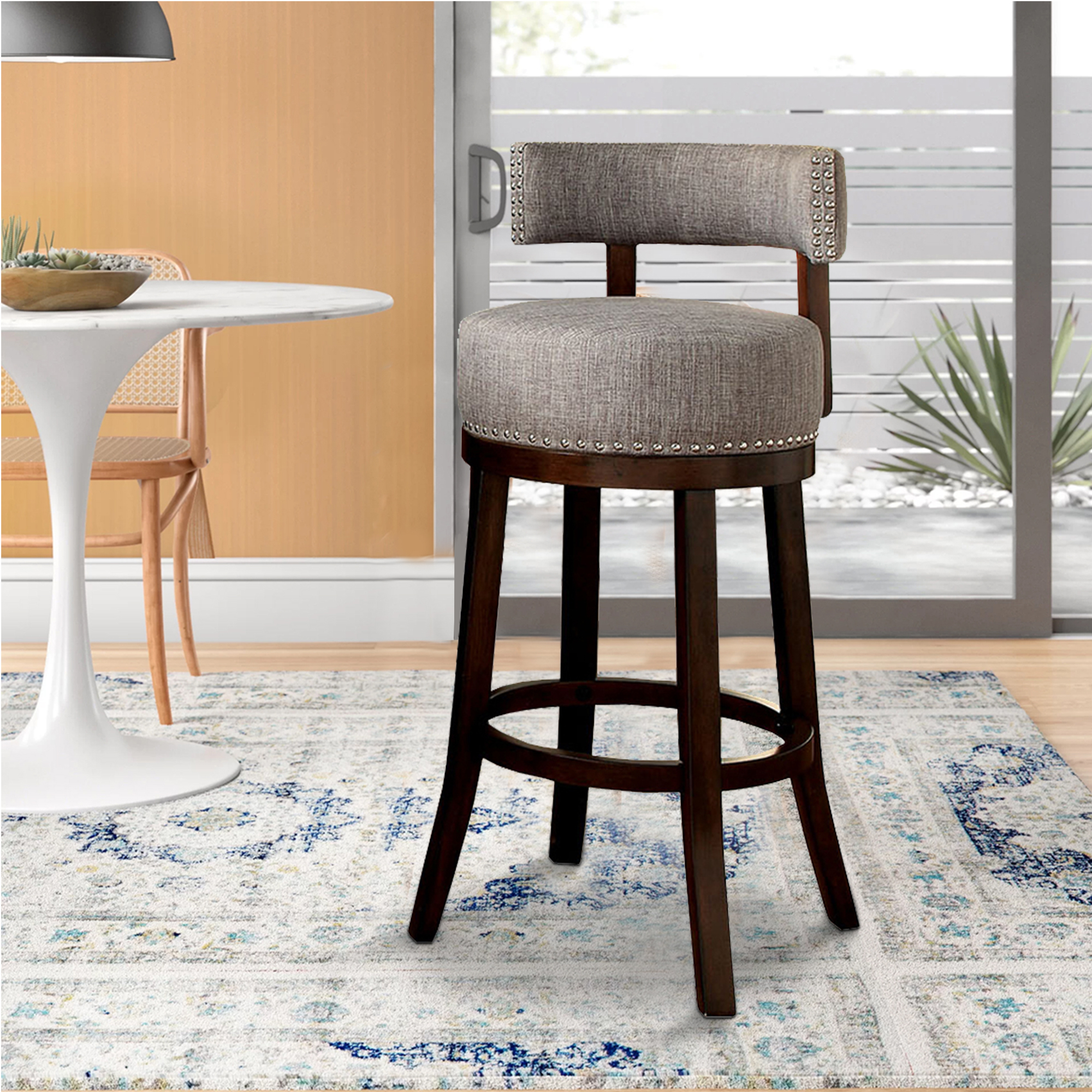 Swivel Barstool With Curved Open Low Back, Set Of 2, Gray And Brown- Saltoro Sherpi