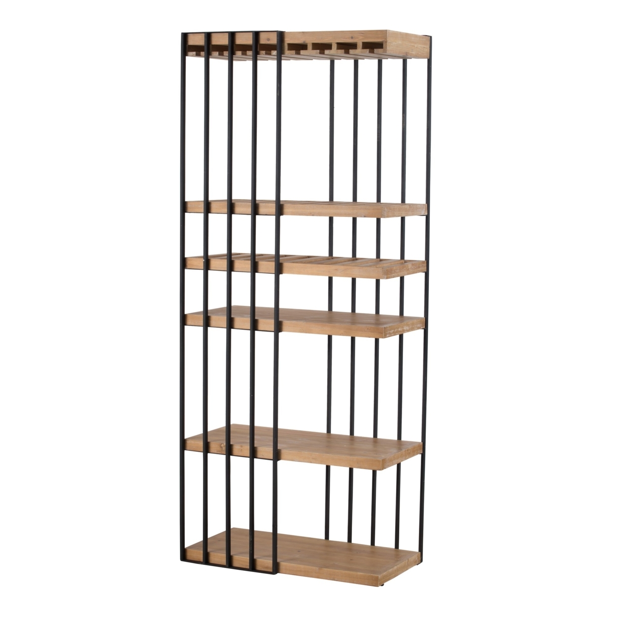 77 Inch Bookcase, 5 Tier Shelves, Fir Wood, Stemware, Metal Rods, Brown- Saltoro Sherpi