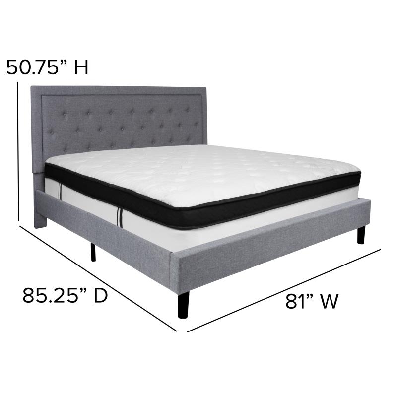 Roxbury King Size Tufted Upholstered Platform Bed In Light Gray Fabric With Memory Foam Mattress