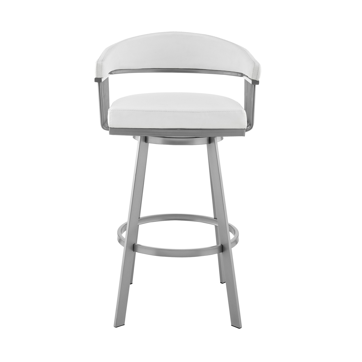 Oliver 29 Inch Modern Bar Stool Chair, Vegan Leather, Slats, Swivel, White- Saltoro Sherpi