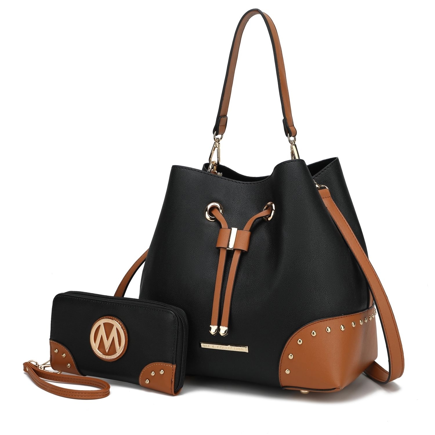 MKF Collection Candice Color Block Bucket Handbag With Matching Wallet By Mia K - Black Cognac