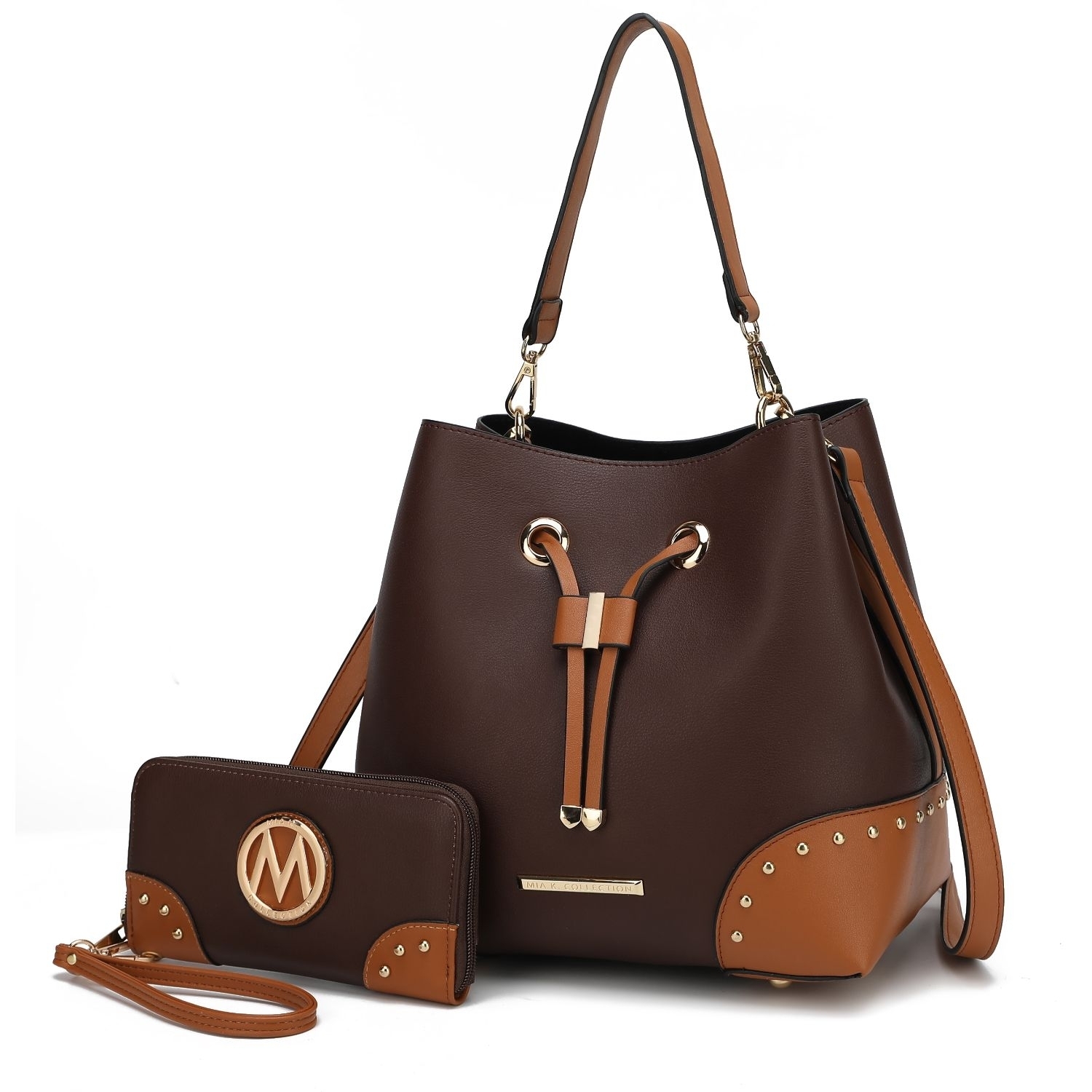 MKF Collection Candice Color Block Bucket Handbag With Matching Wallet By Mia K - Coffee Cognac