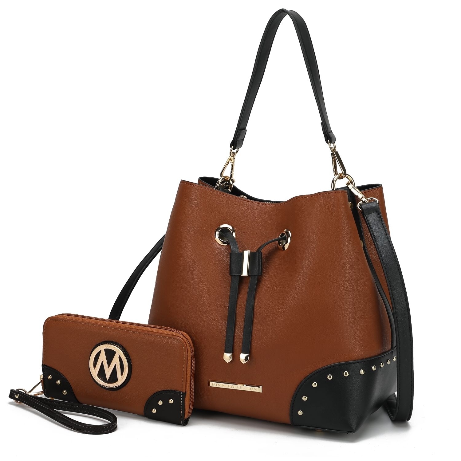 MKF Collection Candice Color Block Bucket Handbag With Matching Wallet By Mia K - Cognac Black