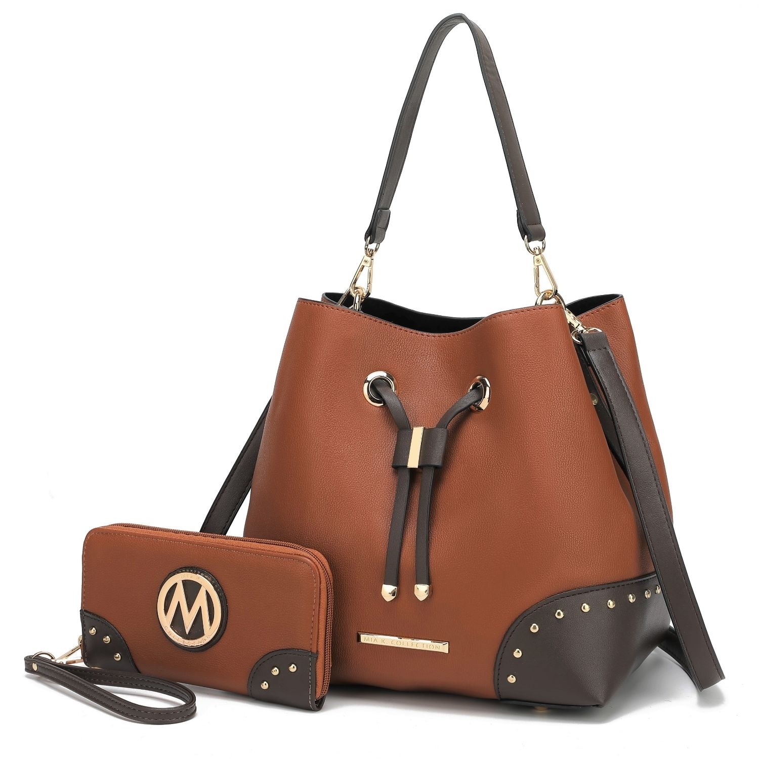 MKF Collection Candice Color Block Bucket Handbag With Matching Wallet By Mia K - Cognac Coffee