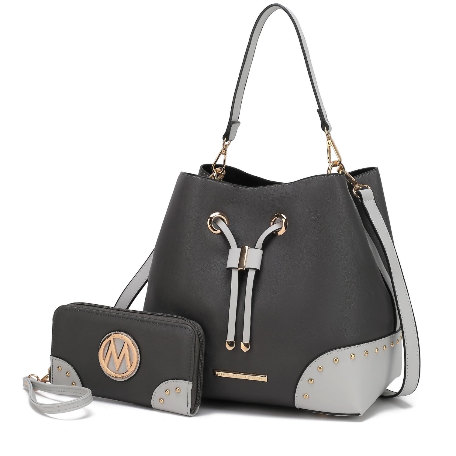 MKF Collection Candice Color Block Bucket Handbag With Matching Wallet By Mia K - Charcoal Light Gray