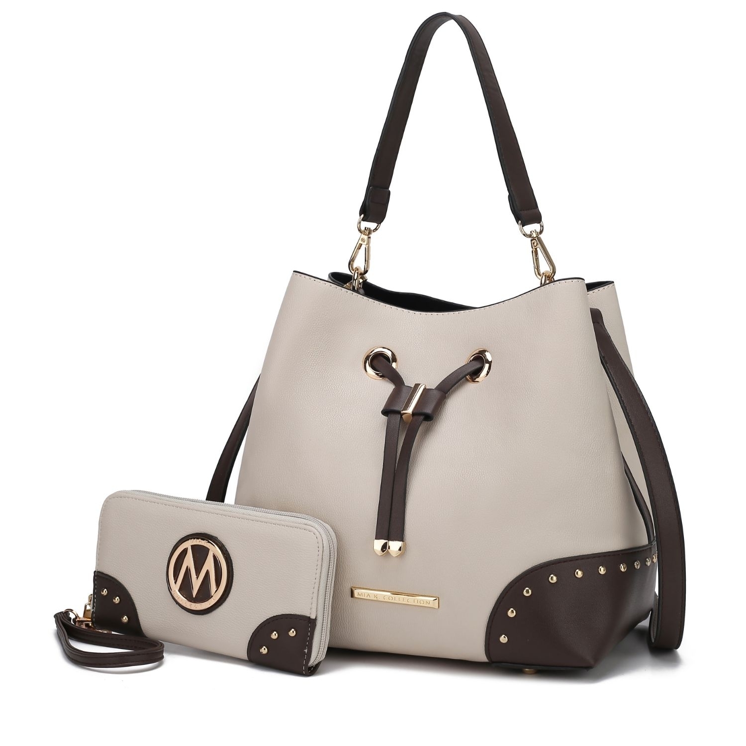 MKF Collection Candice Color Block Bucket Handbag With Matching Wallet By Mia K - Beige Coffee