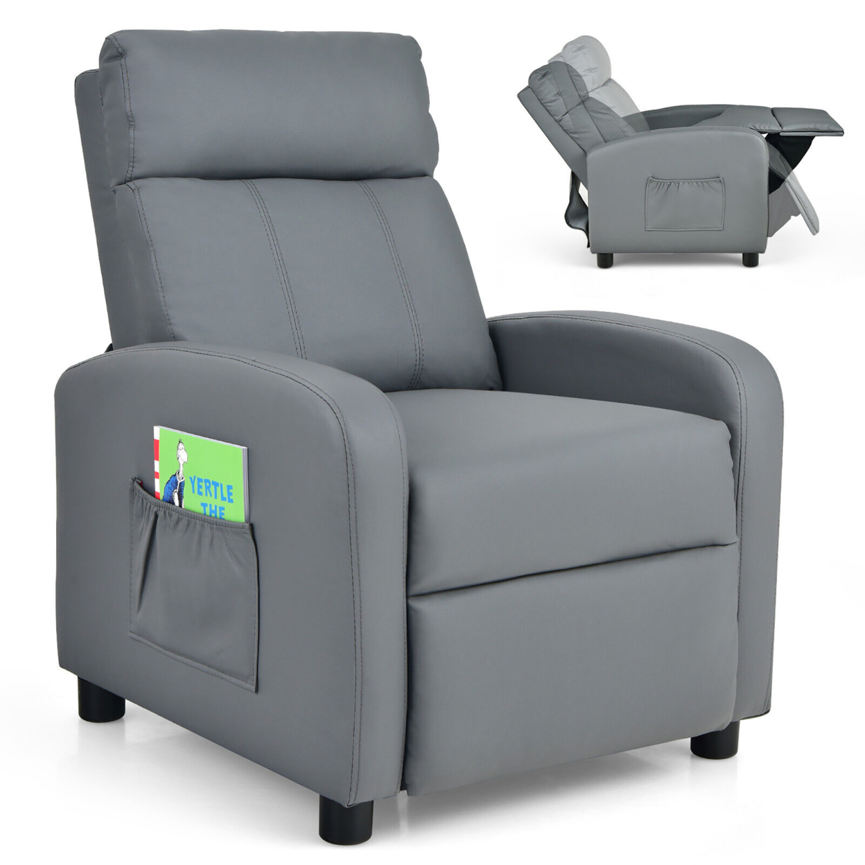 Kids Recliner Chair Adjustable Leather Sofa Armchair W/ Footrest Side Pocket - Grey