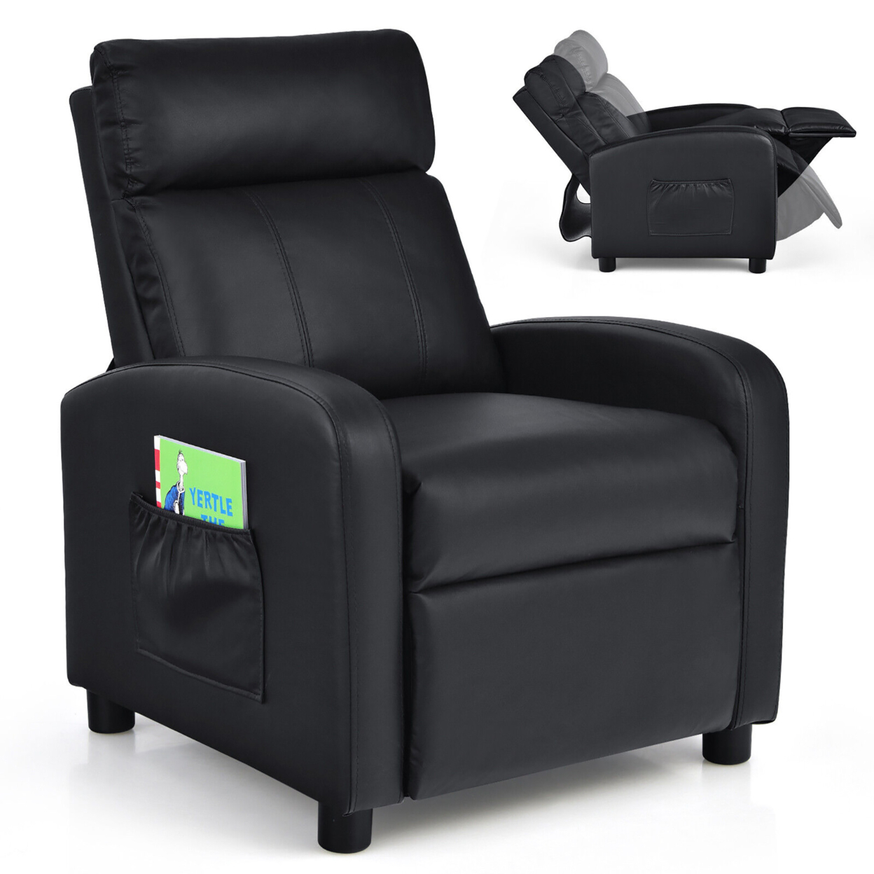 Kids Recliner Chair Adjustable Leather Sofa Armchair W/ Footrest Side Pocket - Black