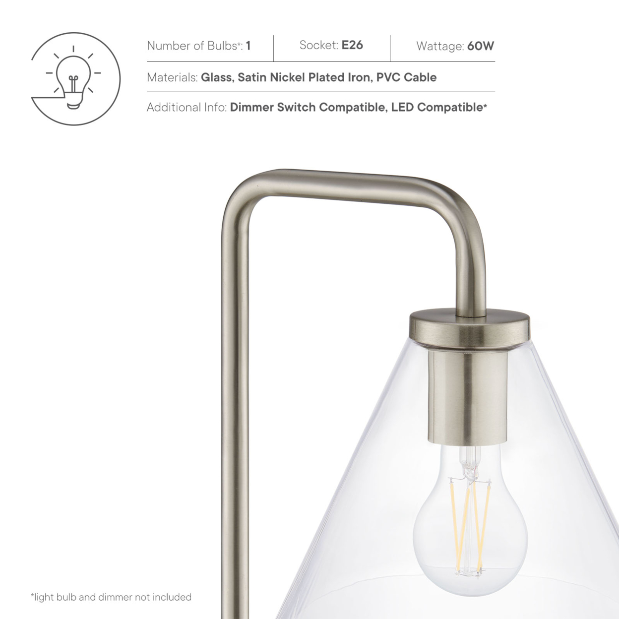 Element Transparent Glass Glass And Metal Floor Lamp, Satin Nickel