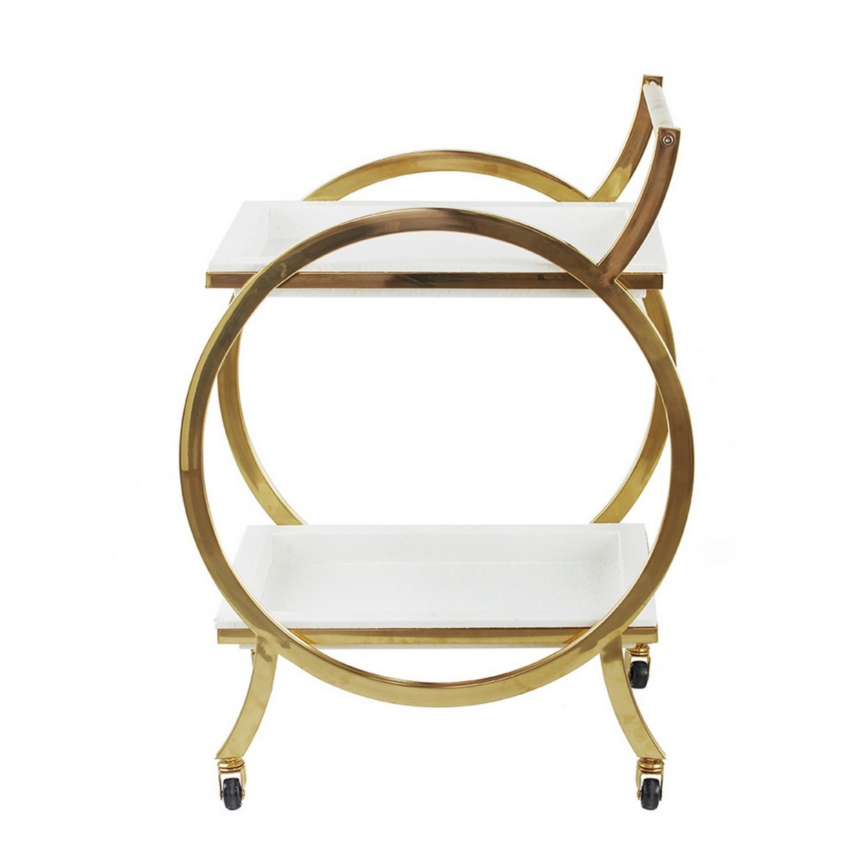 Sia 34 Inch Rolling Bar Cart, Round Steel Frame, Removable Trays White Gold, Saltoro Sherpi