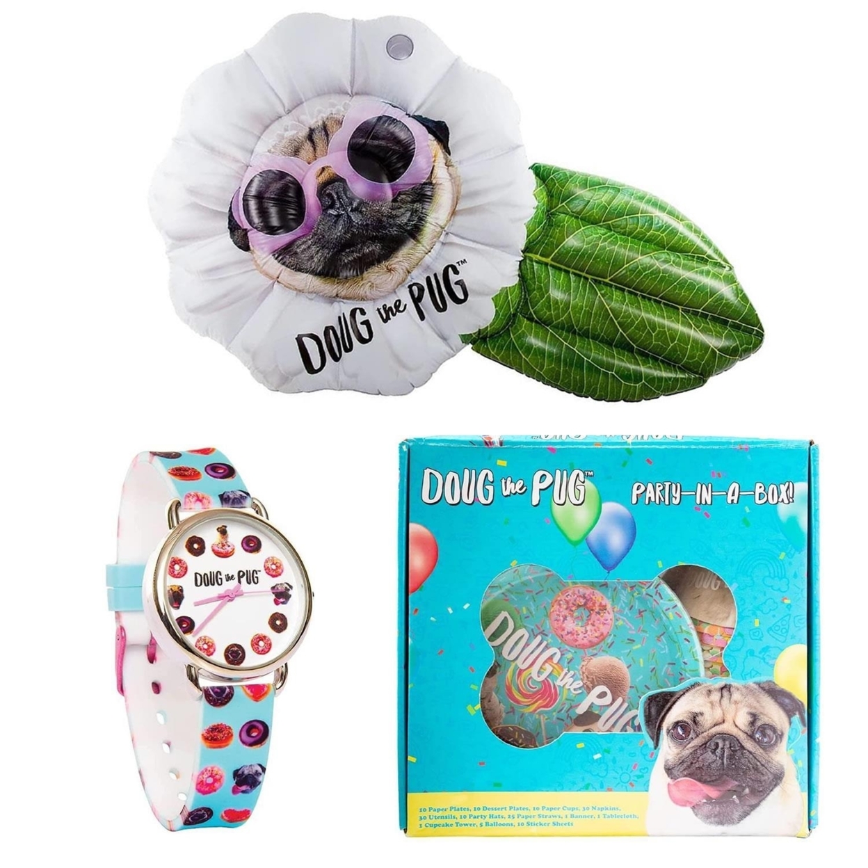 Doug The Pug Collector 3pc Bundle Party In A Box Kit Watch Pool Float Lounge Mighty Mojo