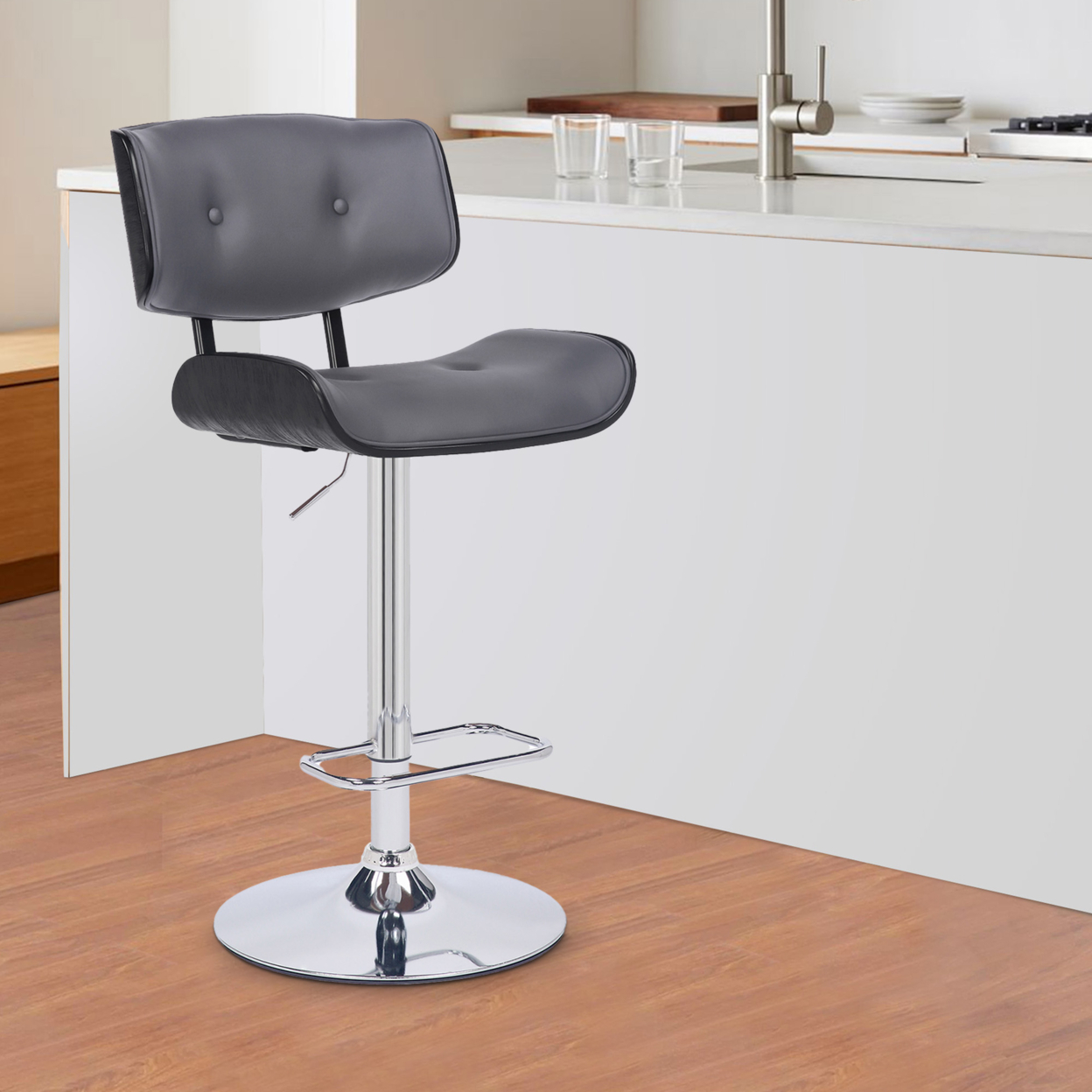 Bar Stool With Leatherette Button Tufted Back And Seat, Gray And Silver- Saltoro Sherpi