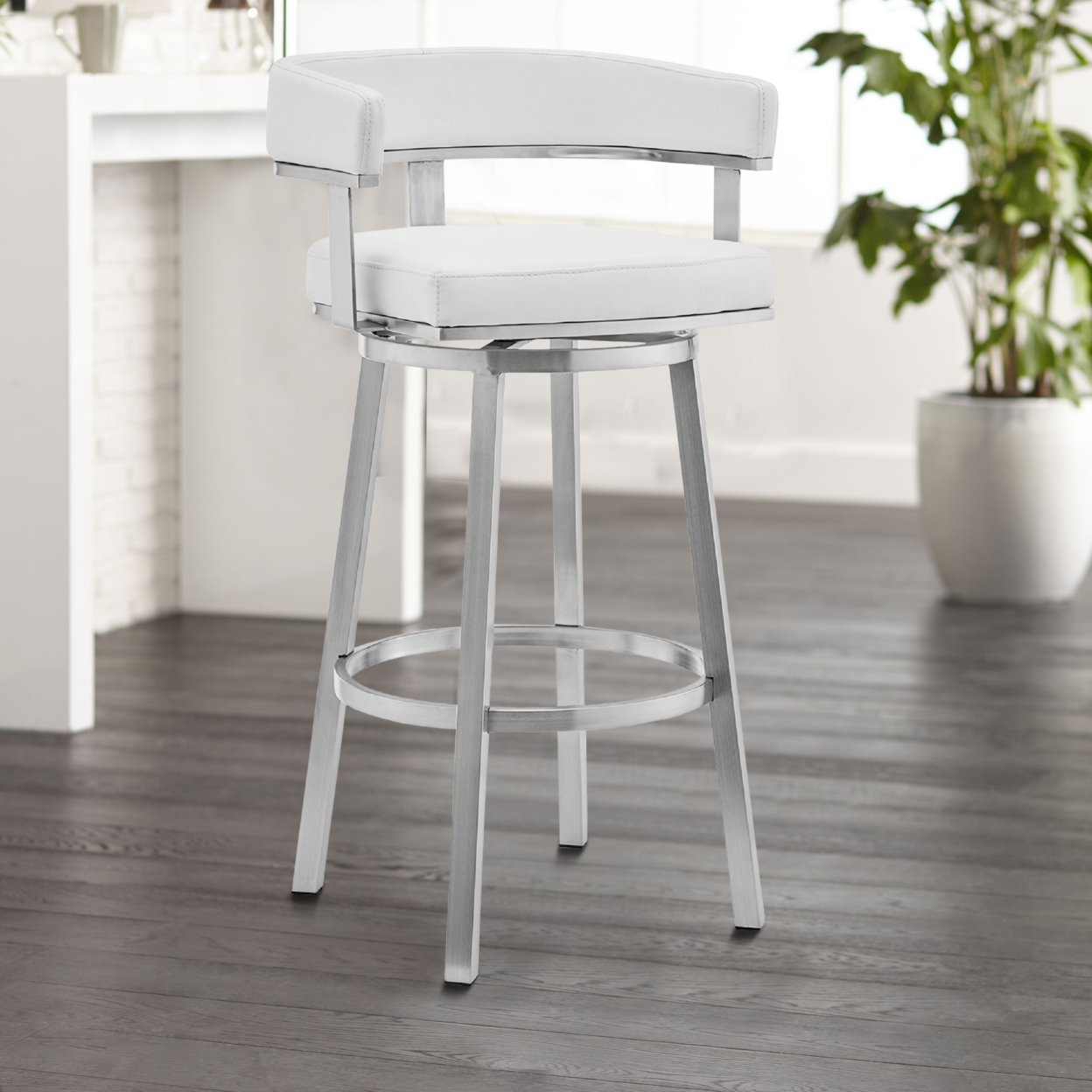 Swivel Barstool With Curved Open Back And Metal Legs, White And Silver- Saltoro Sherpi