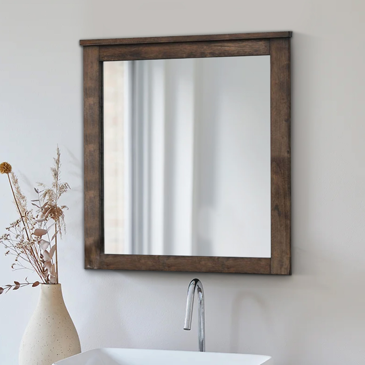 41 Inch Wood Portrait Mirror, Beveled Trim Top, Wood Grain, Oak Brown- Saltoro Sherpi