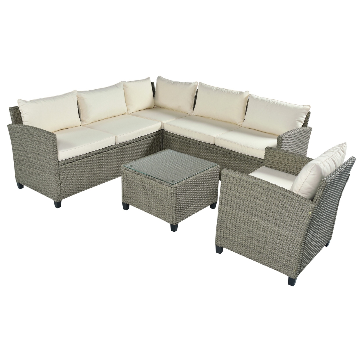 Han 5 Piece Outdoor Patio Sectional Sofa Set, Gray Rattan, Beige Cushions- Saltoro Sherpi