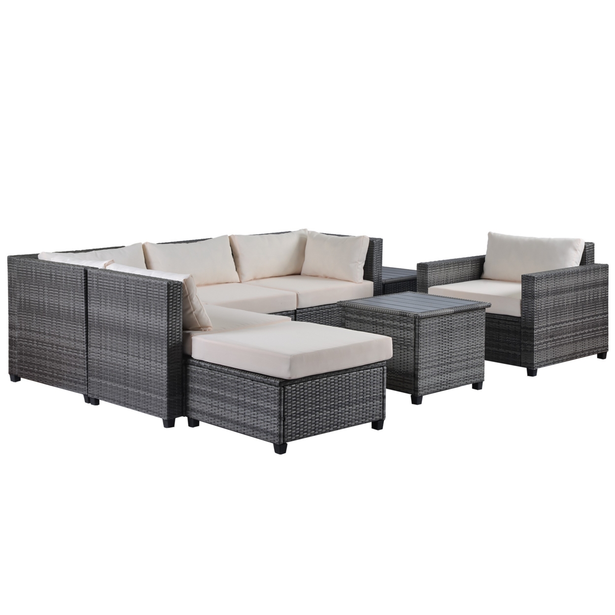 8 Piece Modern Outdoor Sectional Sofa Set, Steel And Rattan Frame, Gray- Saltoro Sherpi