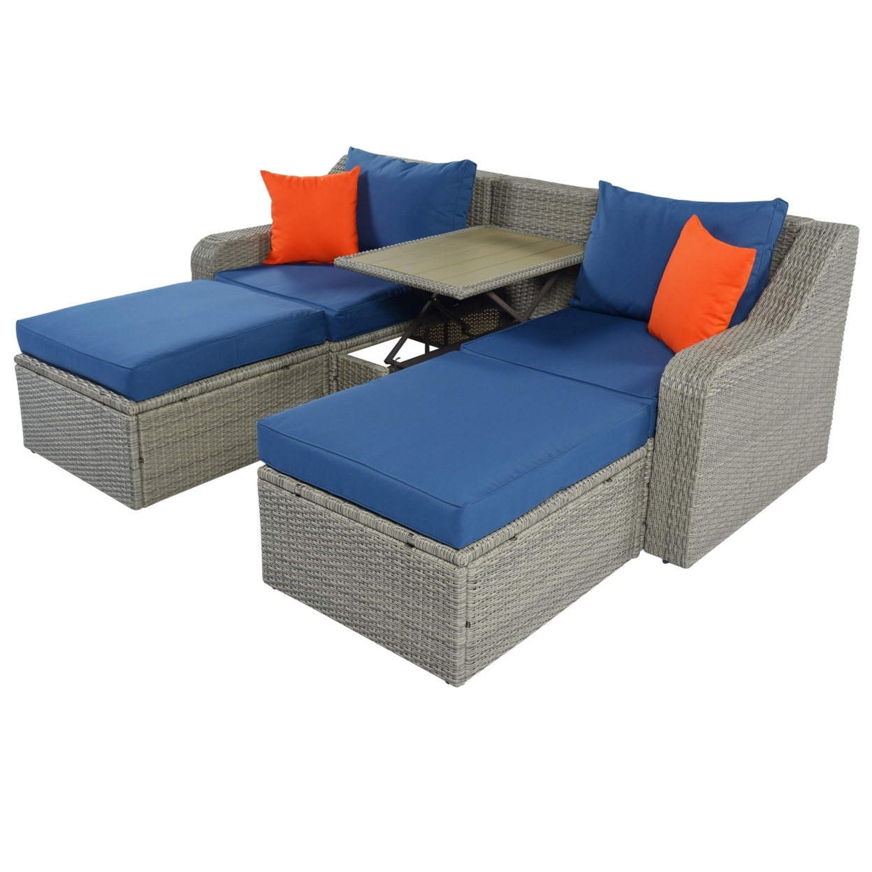 3 Piece Patio Sofa Set With Lift Top Table, Gray Rattan, Blue Cushions- Saltoro Sherpi