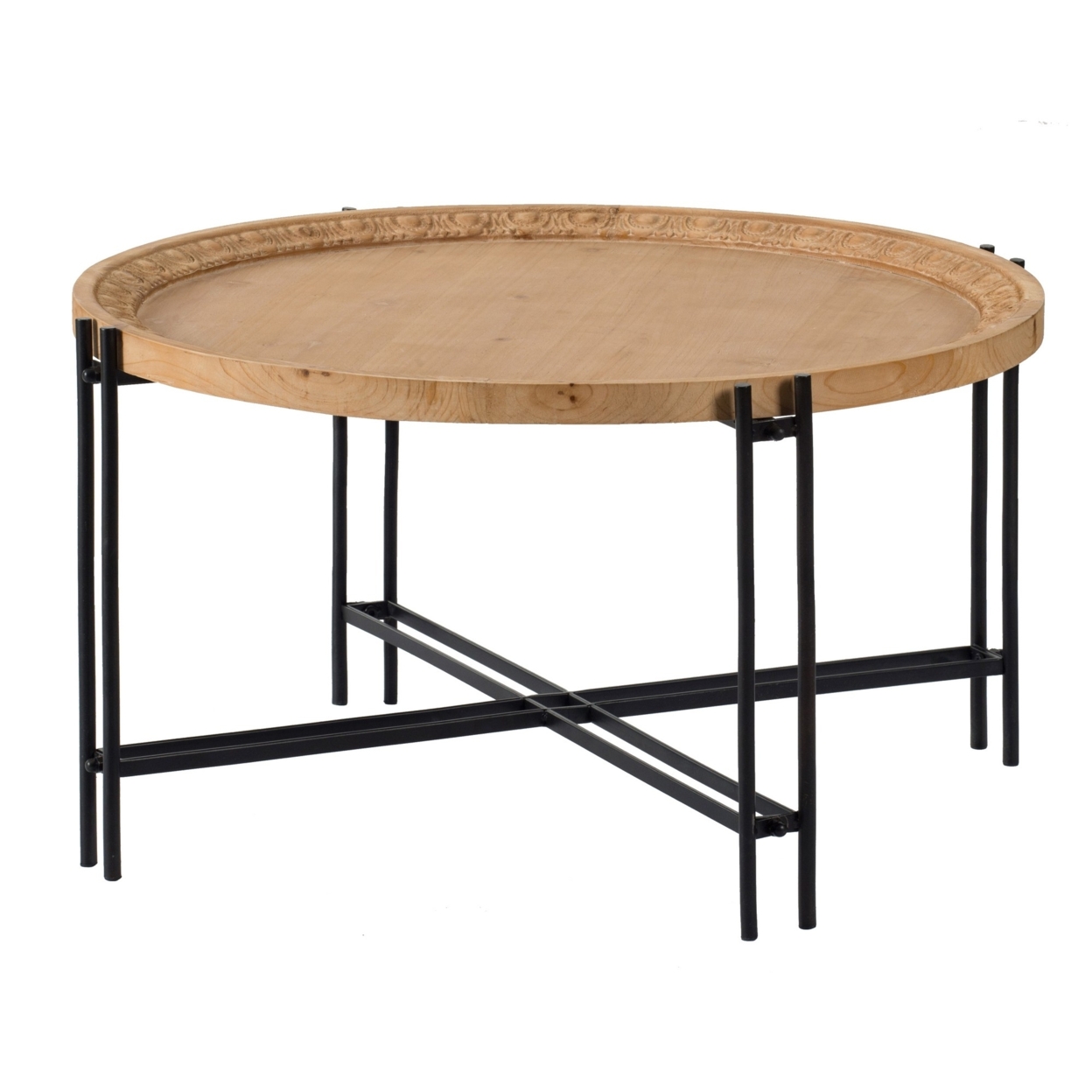 32 Inch Fir Wood Coffee Table, Intersecting Metal Legs, Brown And Black- Saltoro Sherpi