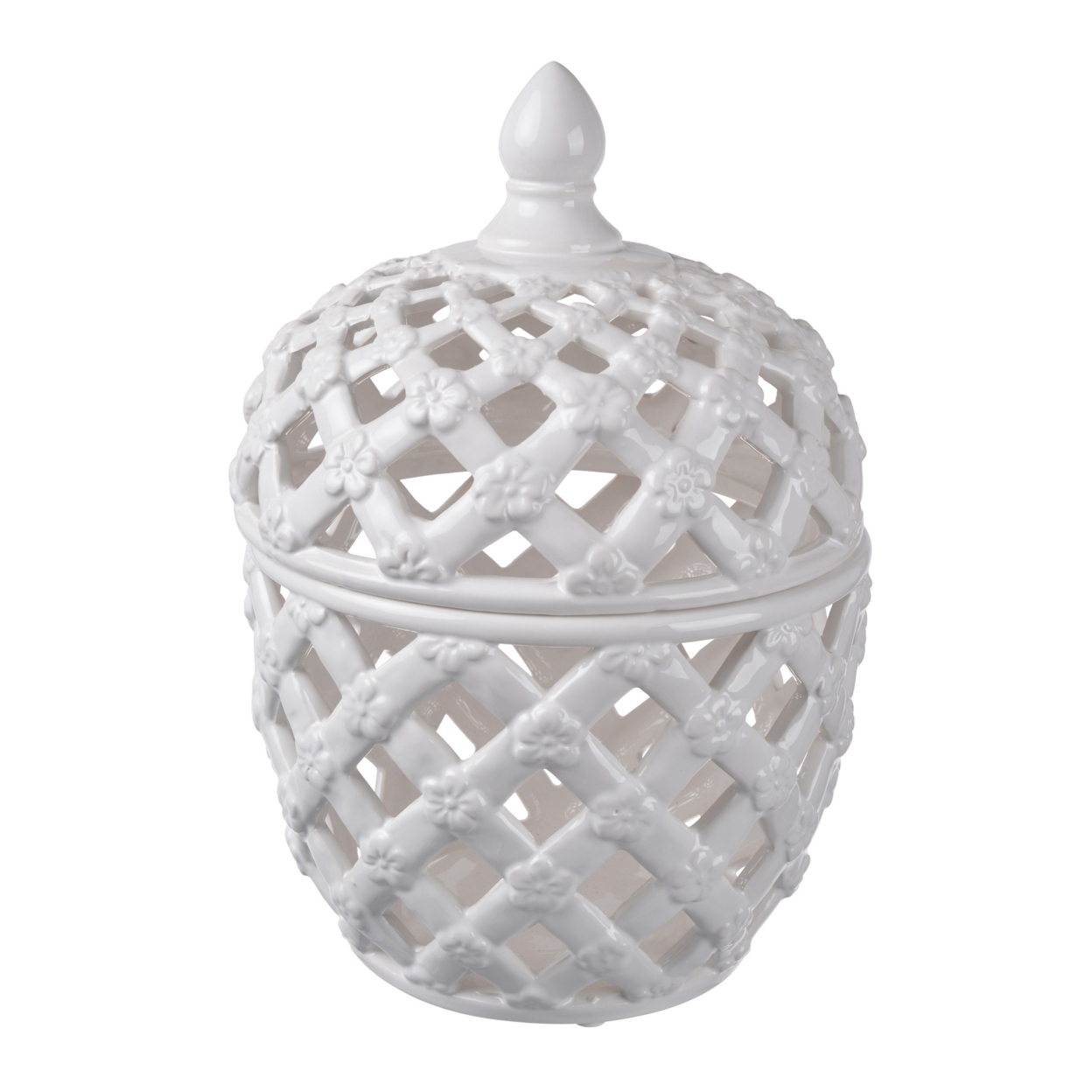 12 Inch Lidded Jar, Lattice Design And Decorative Flowers, White Ceramic- Saltoro Sherpi