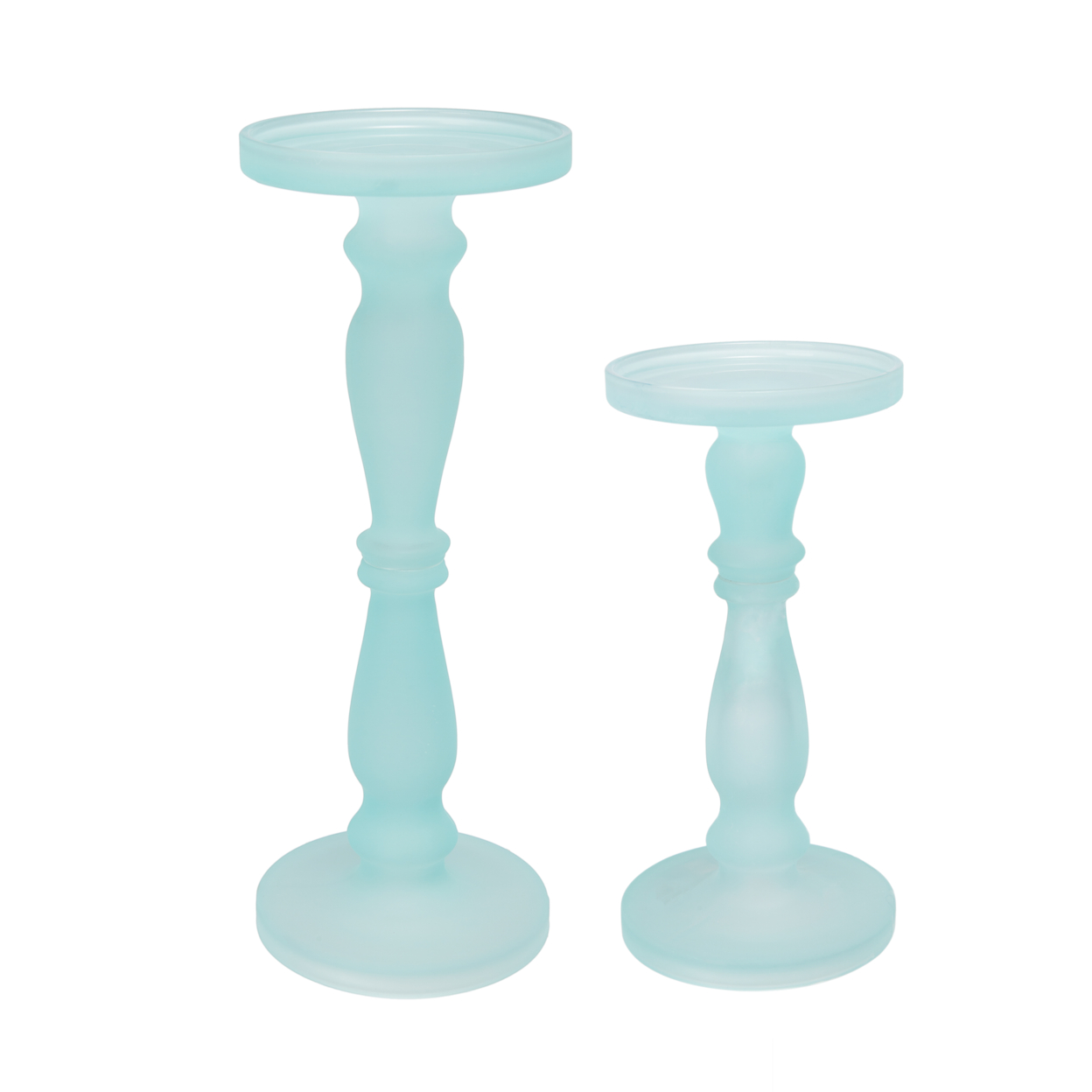 Qui 14, 11 Inch Candle Holders, Turned Pedestal, Blue Glass, Set Of 2- Saltoro Sherpi