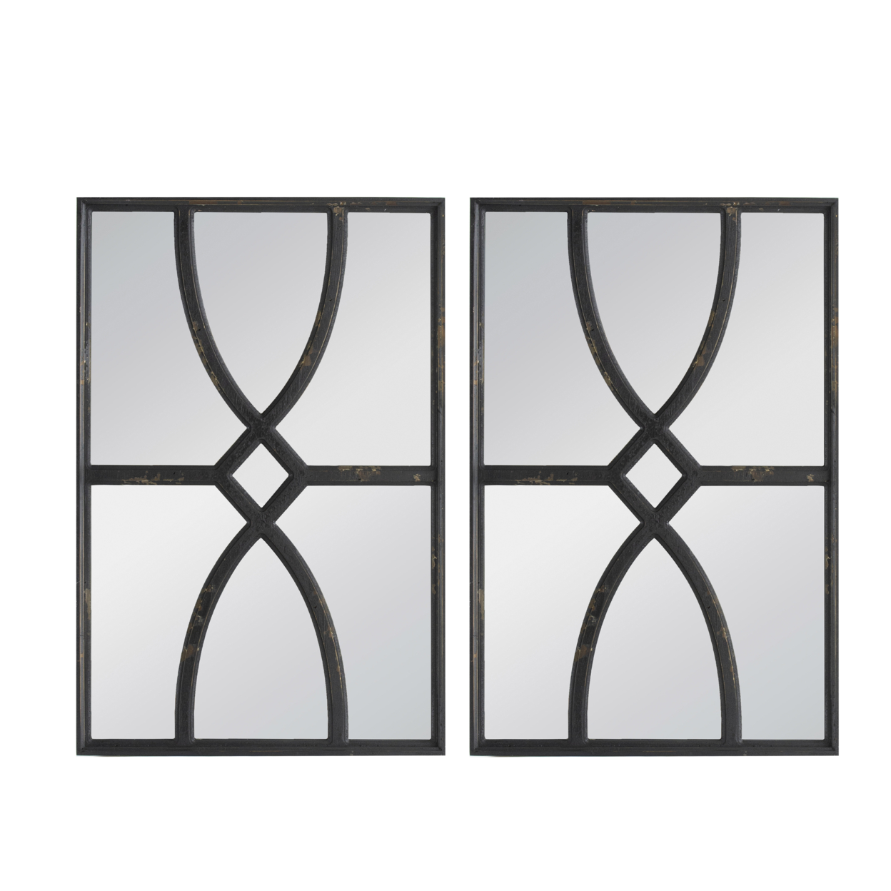 Tio 24 Inch Fir Wood Wall Mirror Set Of 2, Geometric Overlaid Design, Black- Saltoro Sherpi