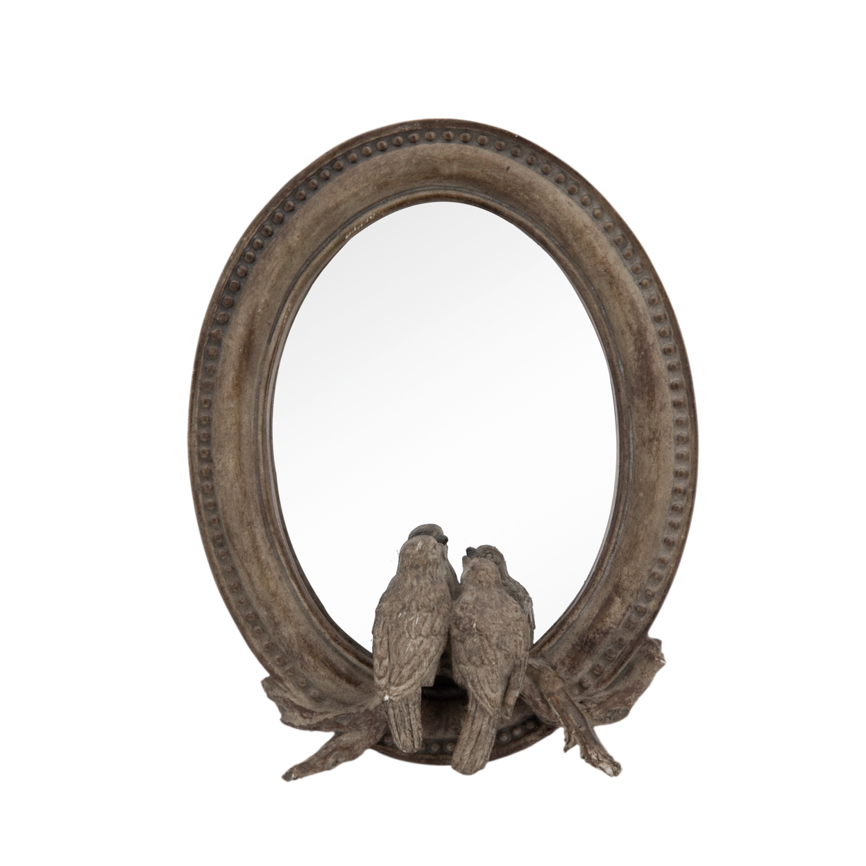 10 Inch Resin Oval Accent Table Mirror, Perched Birds, Dark Bronze- Saltoro Sherpi