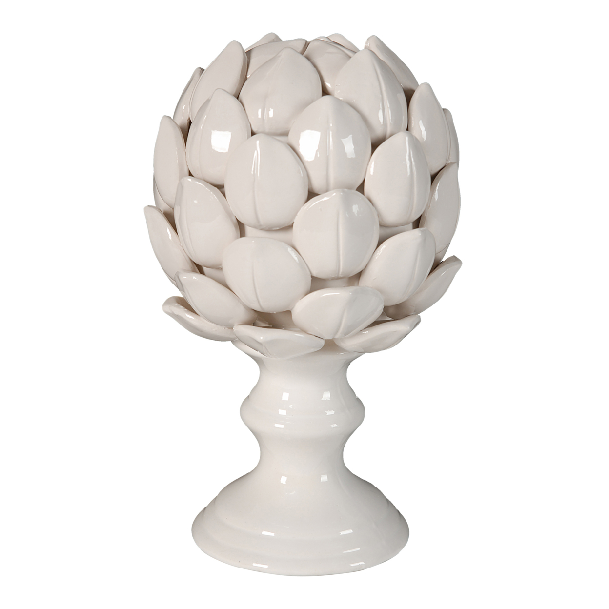 10 Inch Artichoke Accent Decor, Standing Turned Pedestal, White Ceramic- Saltoro Sherpi