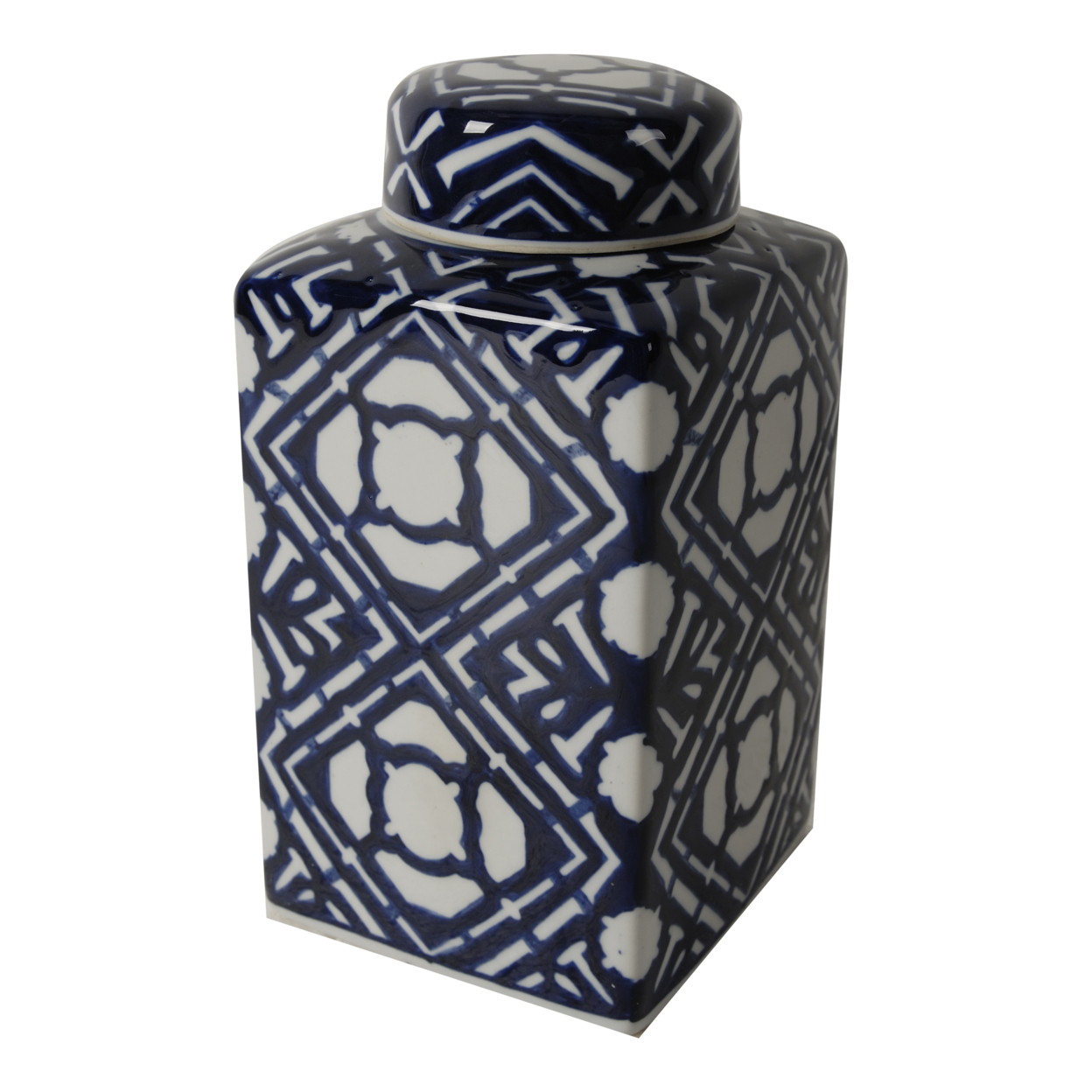 10 Inch Lidded Jar, Porcelain Construction, Deep Blue Graphic Trellis- Saltoro Sherpi