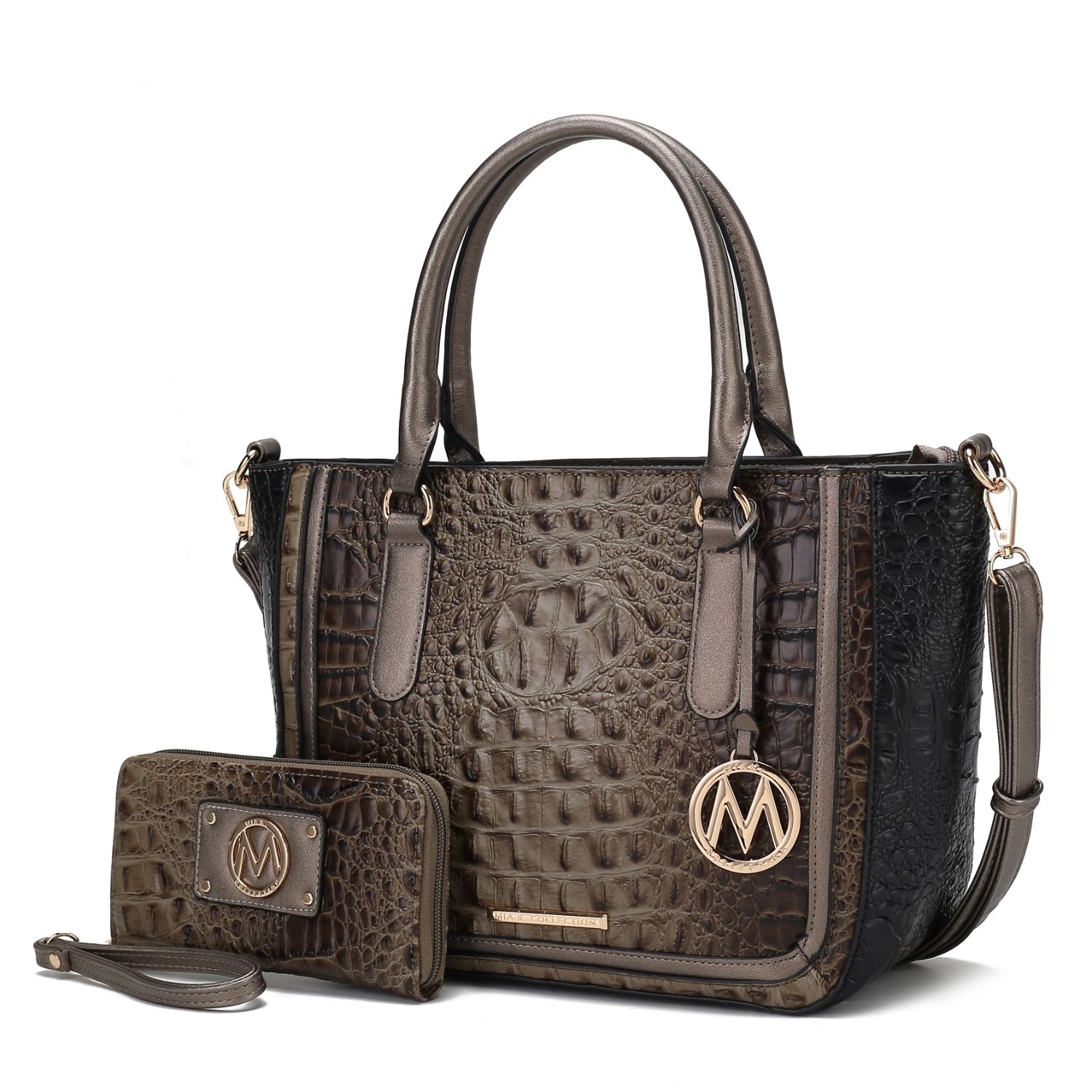 MKF Collection Bonnie Faux Crocodile-Embossed Vegan Leather Women's Satchel With Wallet Bag By Mia K - 2 Pieces - Grey