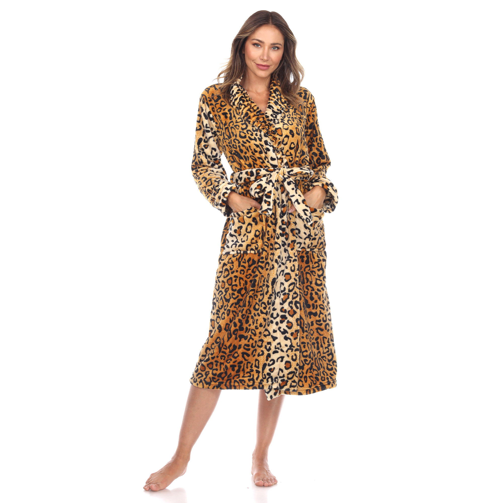 White Mark Women's Cozy Lounge Robe - Brown Leopard, L/XL