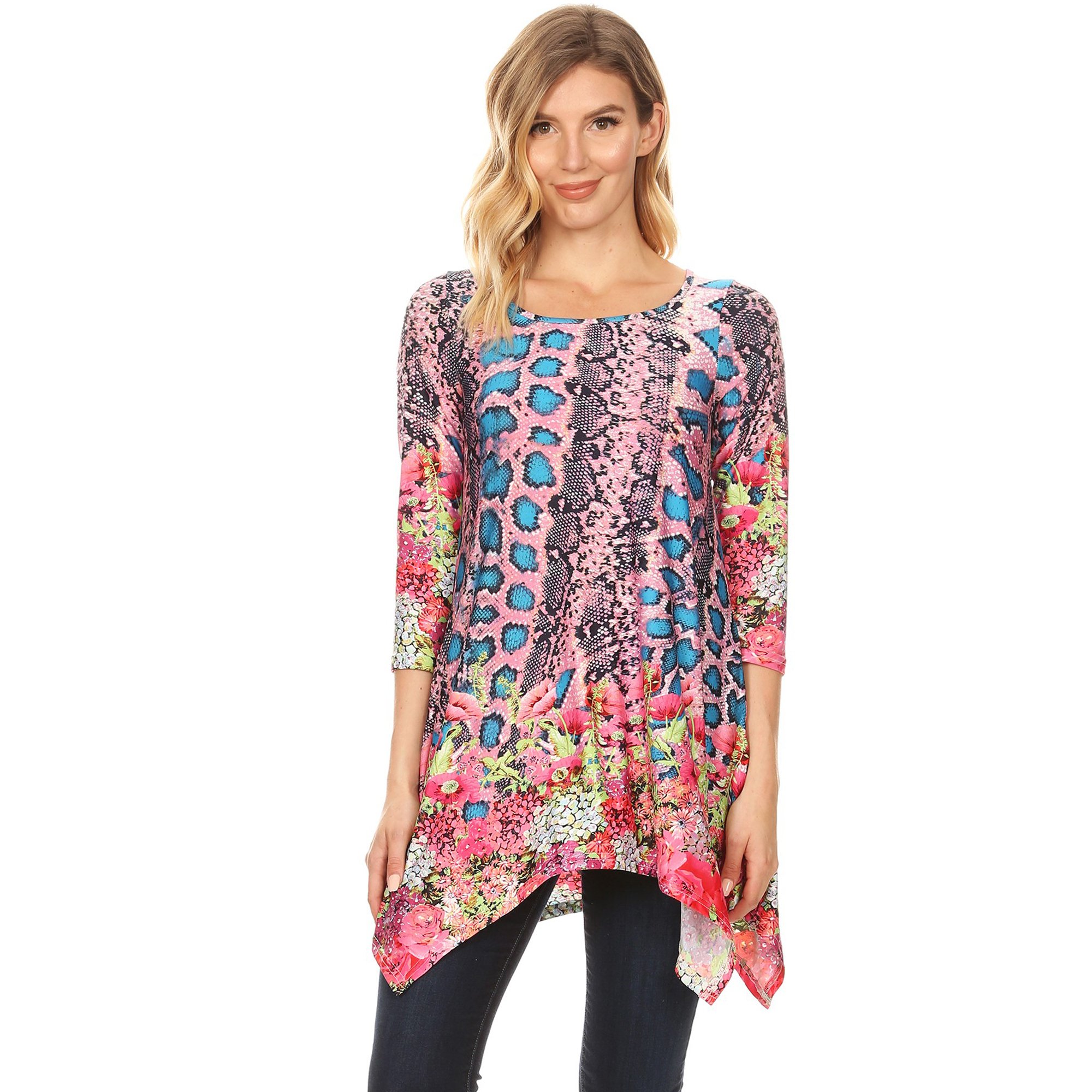 White Mark Women's Multi-Color Tunic Top - Teal/Pink, Small