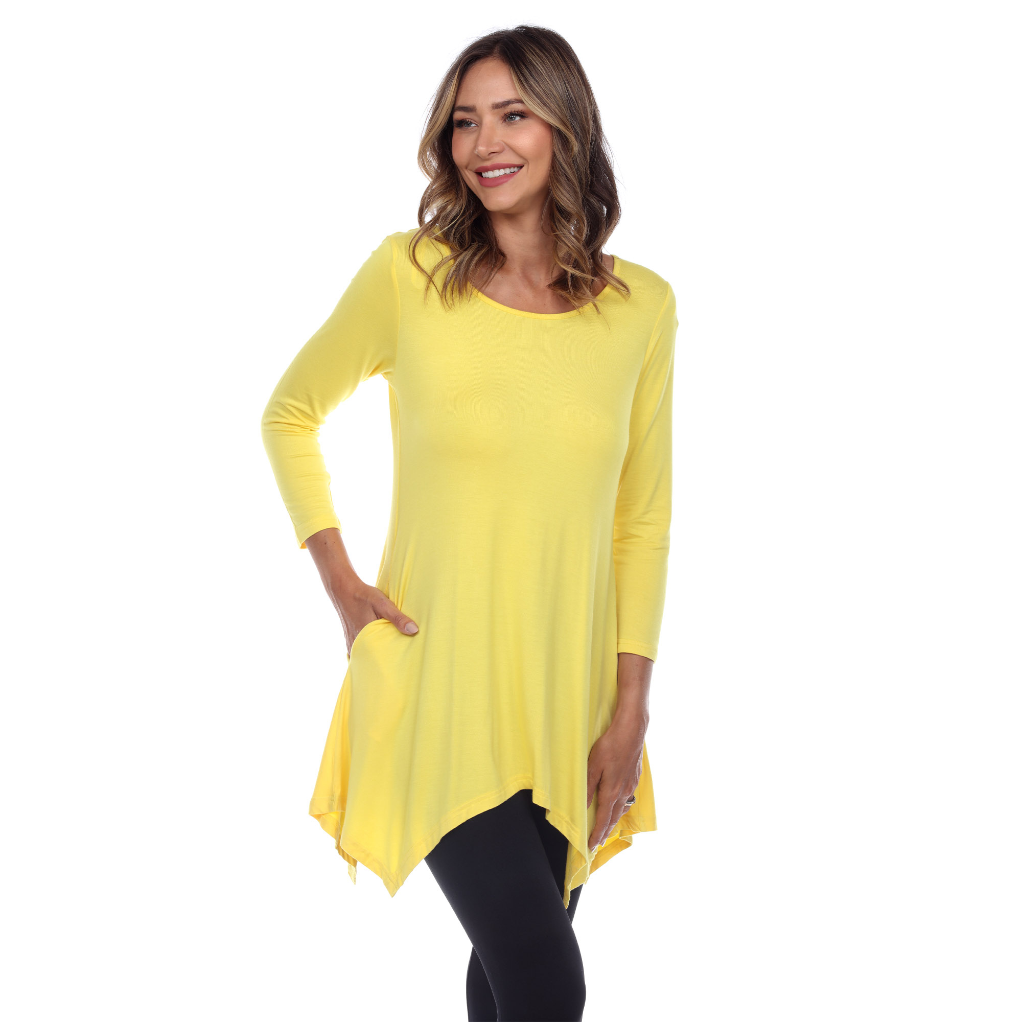 White Mark Women's Quarter Sleeve Tunic Top With Pockets - Yellow, 1X