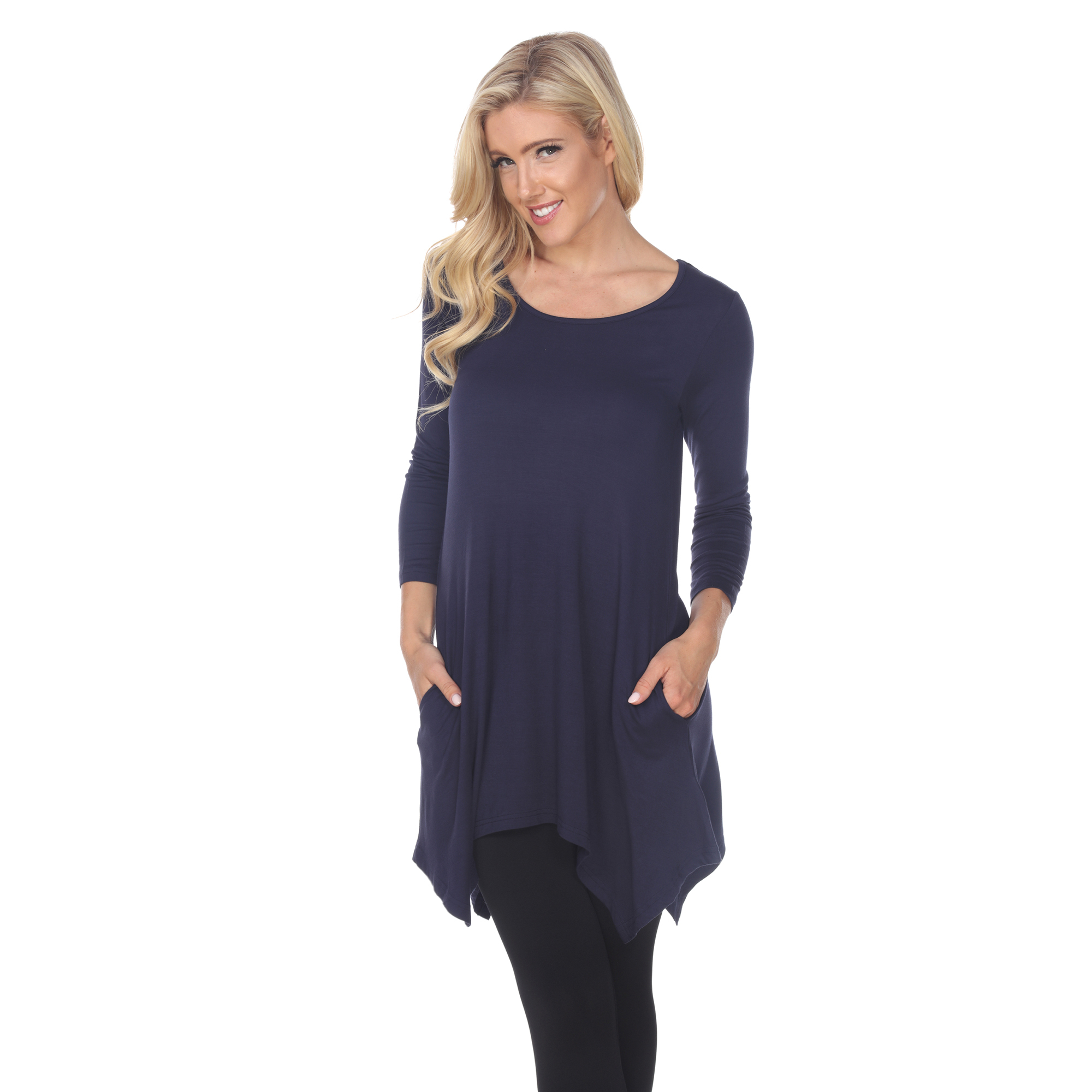 White Mark Women's Quarter Sleeve Tunic Top With Pockets - Navy, 1X