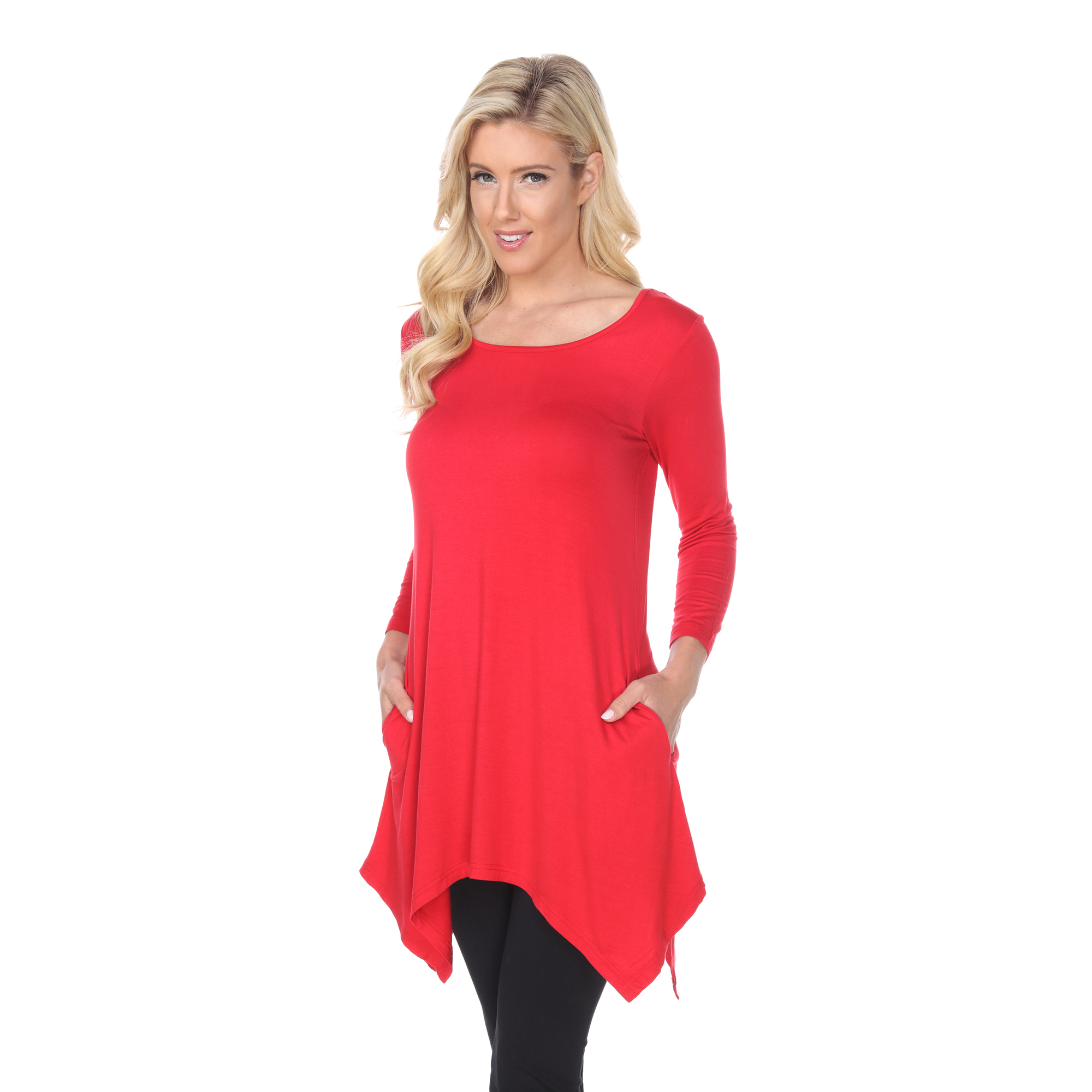 White Mark Women's Quarter Sleeve Tunic Top With Pockets - Red, 2X