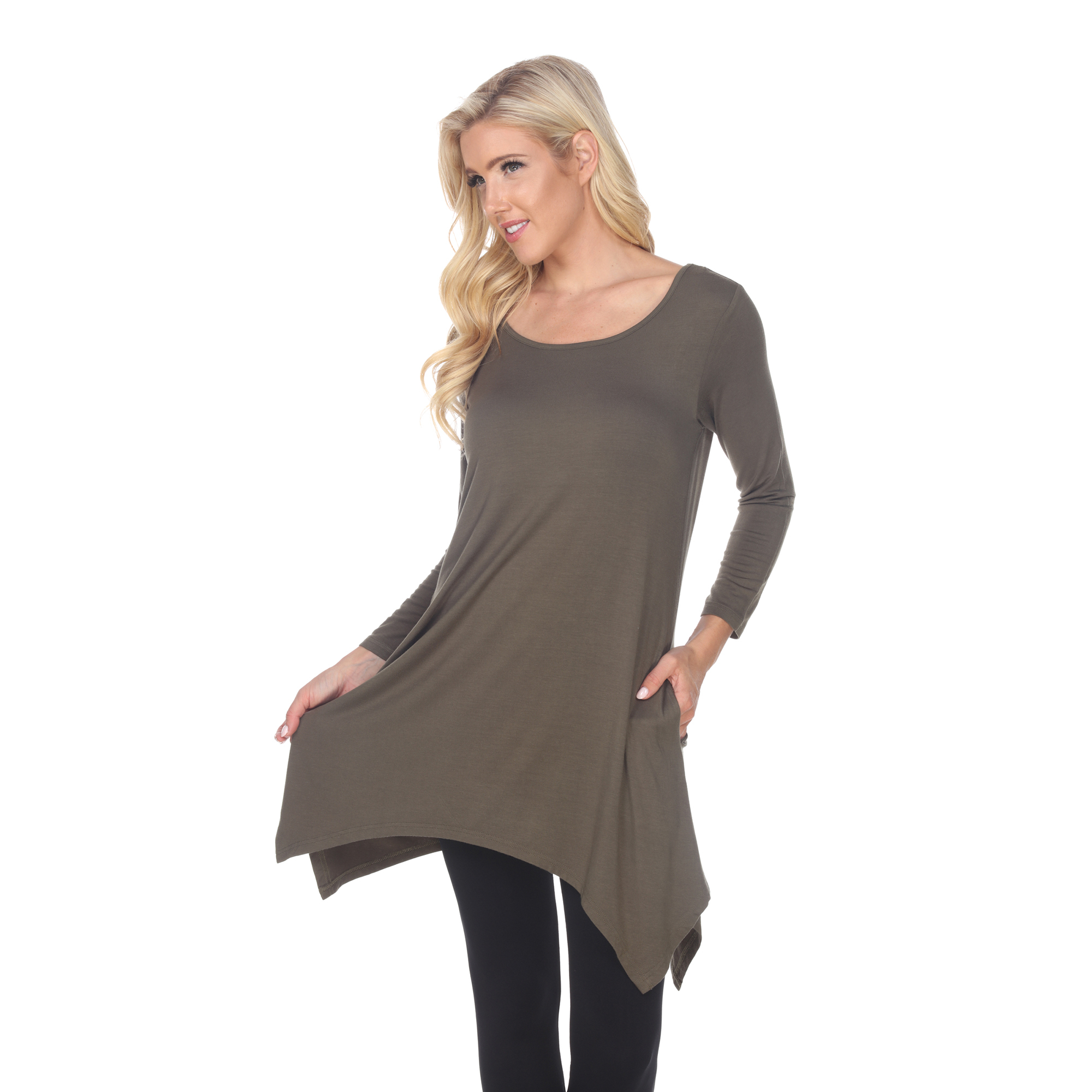 White Mark Women's Quarter Sleeve Tunic Top With Pockets - Olive, Large