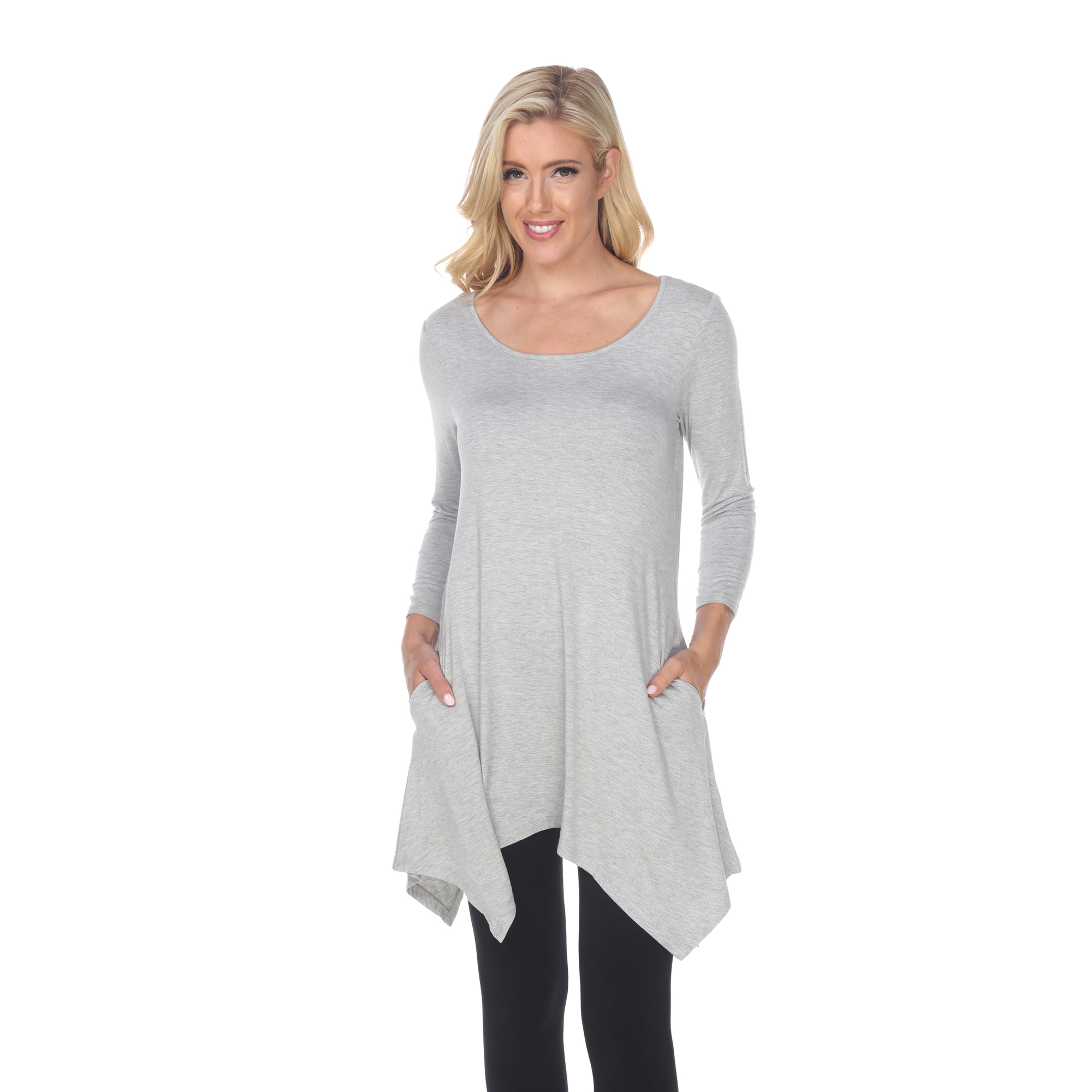 White Mark Women's Quarter Sleeve Tunic Top With Pockets - Heather Grey, Large