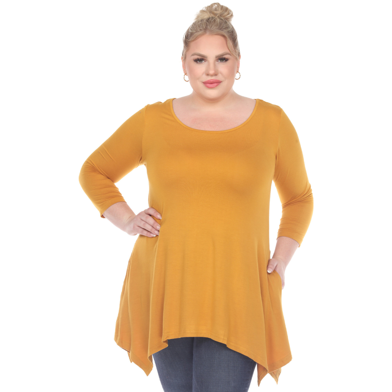 White Mark Women's Quarter Sleeve Tunic Top With Pockets - Mustard, 1X