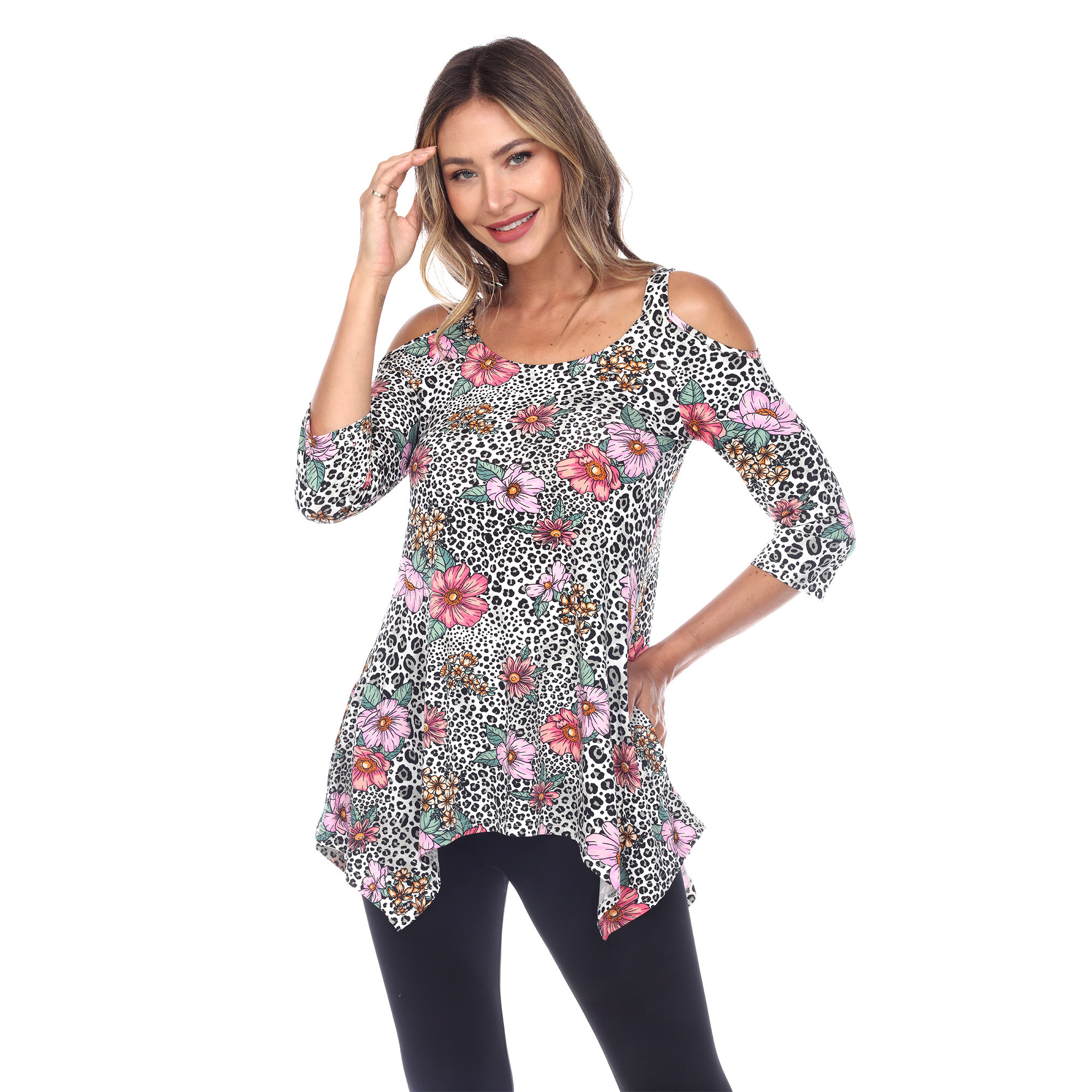 White Mark Women's Cold Shoulder Quarter Sleeve Printed Tunic Top With Pockets - Leopard, 1X