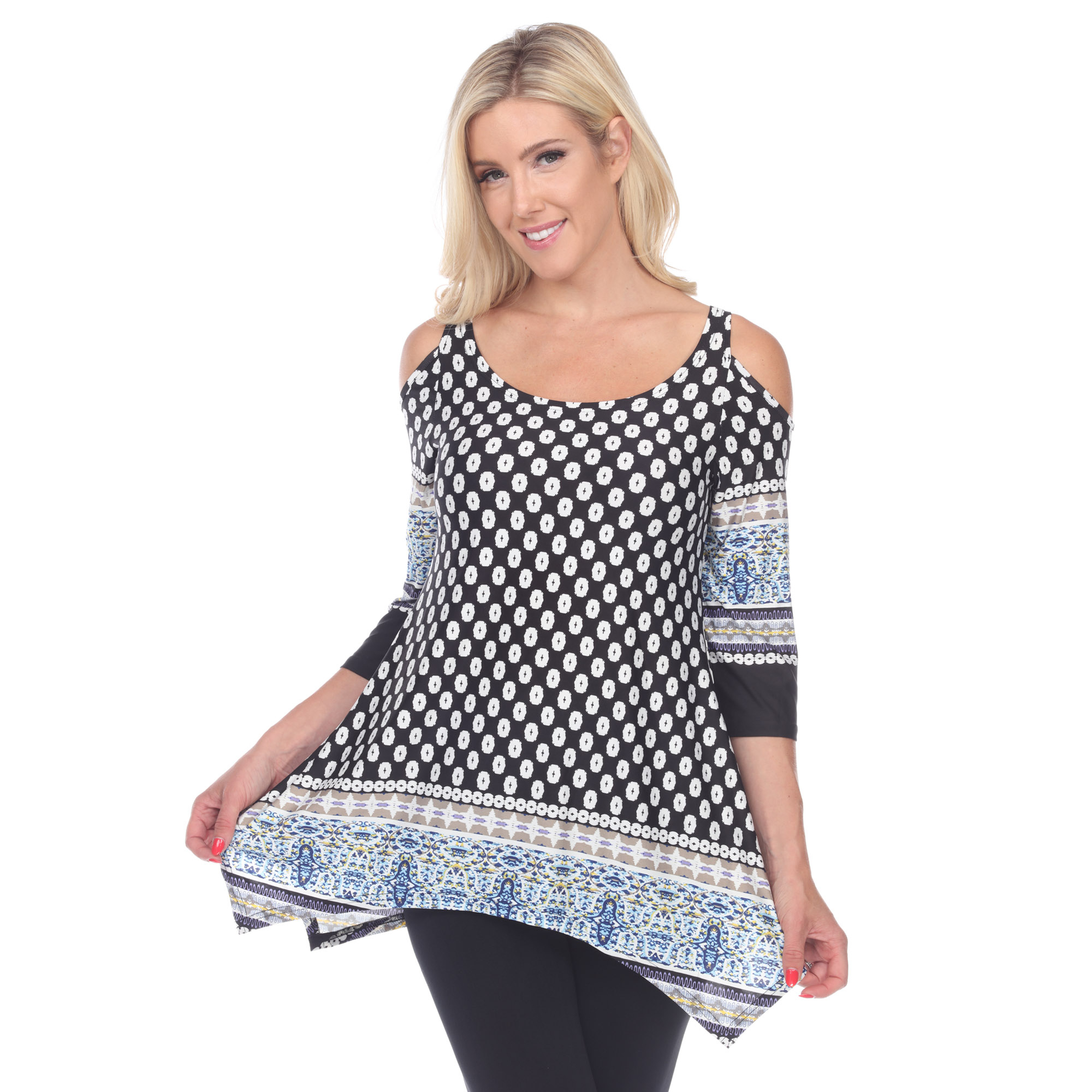 White Mark Women's Cold Shoulder Quarter Sleeve Printed Tunic Top With Pockets - Black/White Polka Dots, 2X