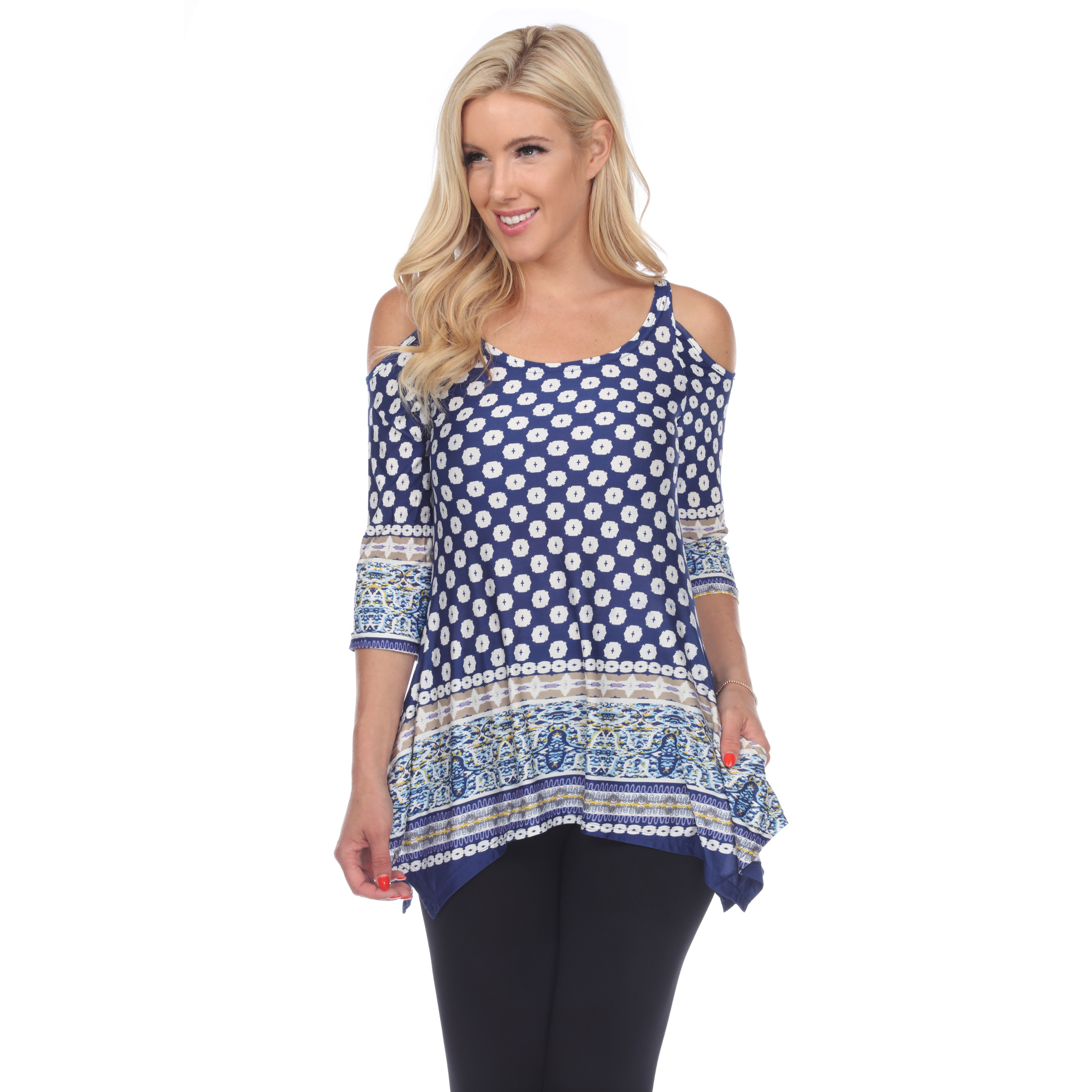 White Mark Women's Cold Shoulder Quarter Sleeve Printed Tunic Top With Pockets - Navy/White Polka Dots, 2X
