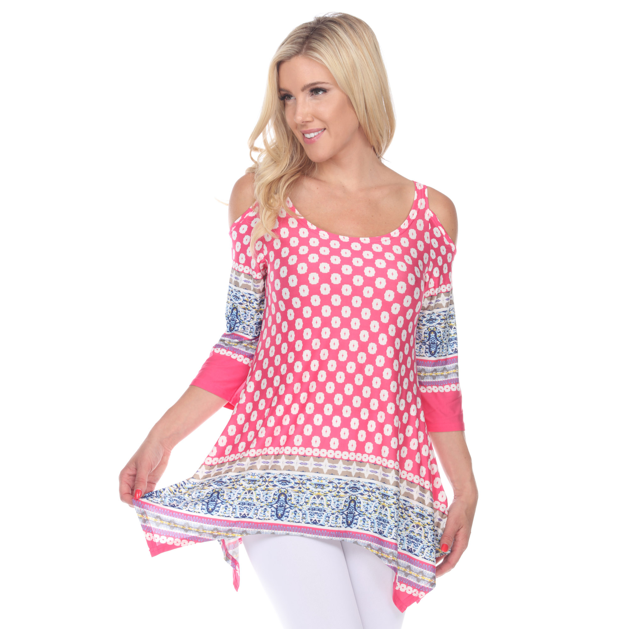 White Mark Women's Cold Shoulder Quarter Sleeve Printed Tunic Top With Pockets - Pink/White Polka Dots, 2X