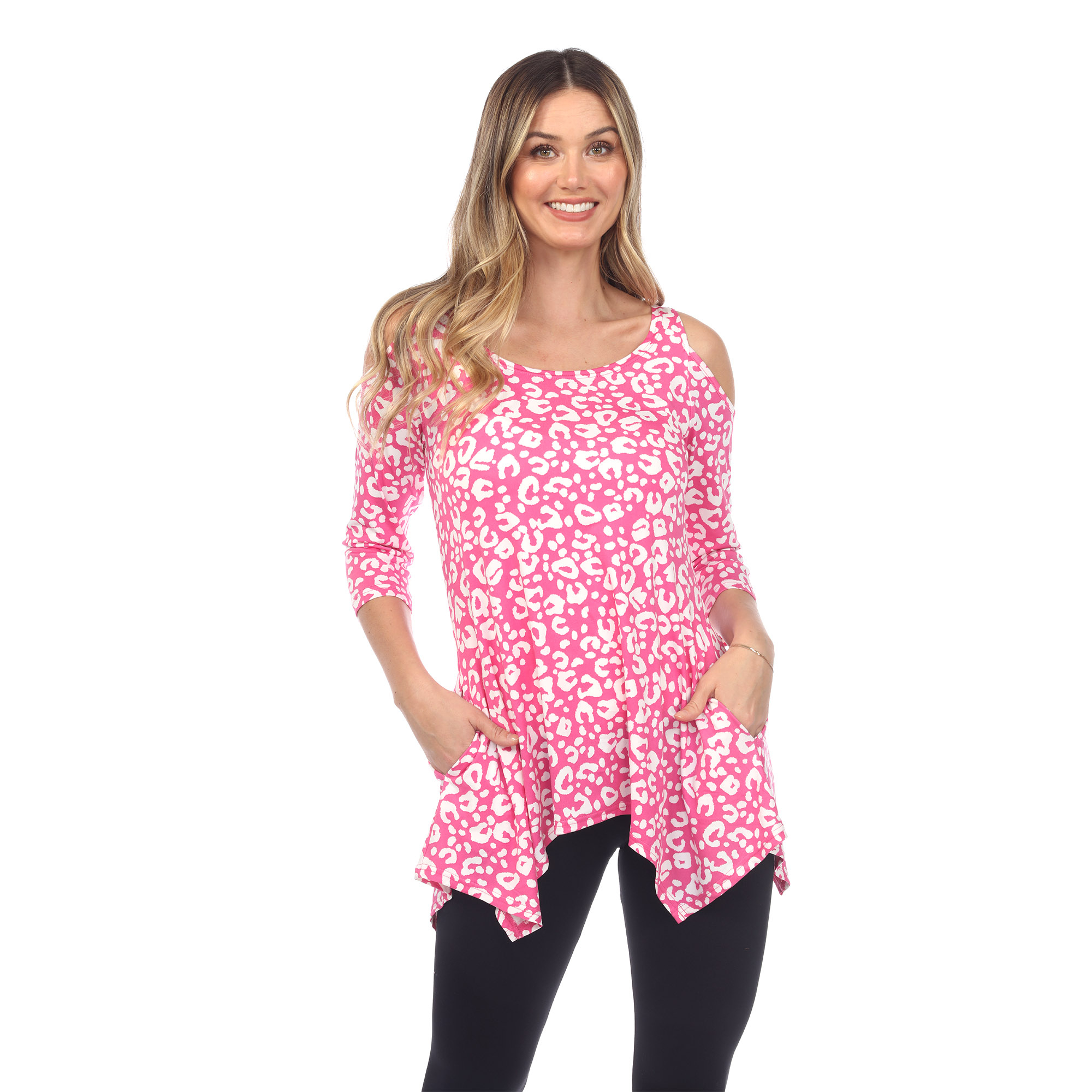 White Mark Women's Leopard Print Cold Shoulder Tunic Top With Pockets - Fuchsia, X-Large